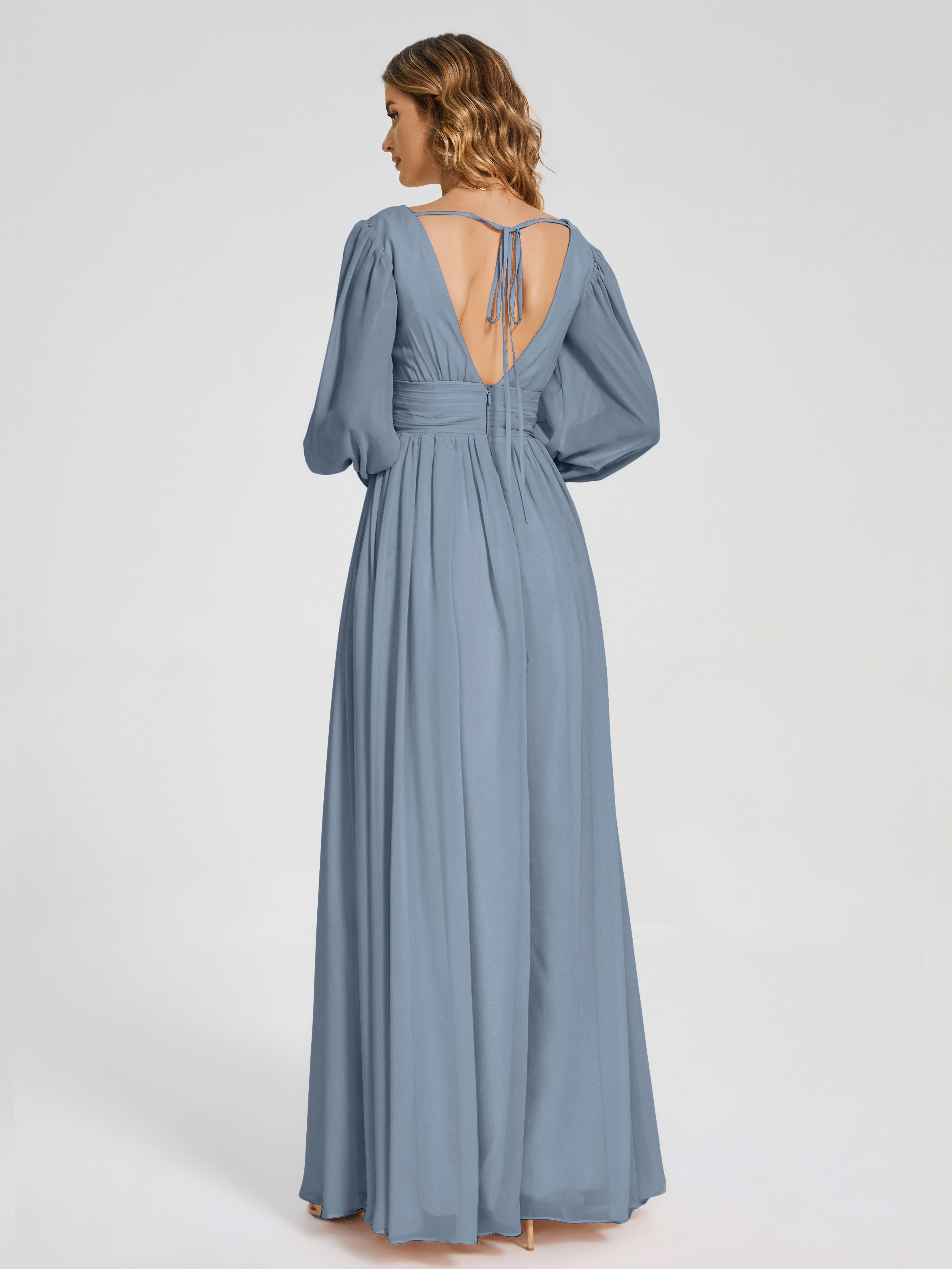 Robes De Demoiselle D'Honneur Bleu Gris Manches Longues Dos Nu Mousseline Robes Demoiselle D'Honneur