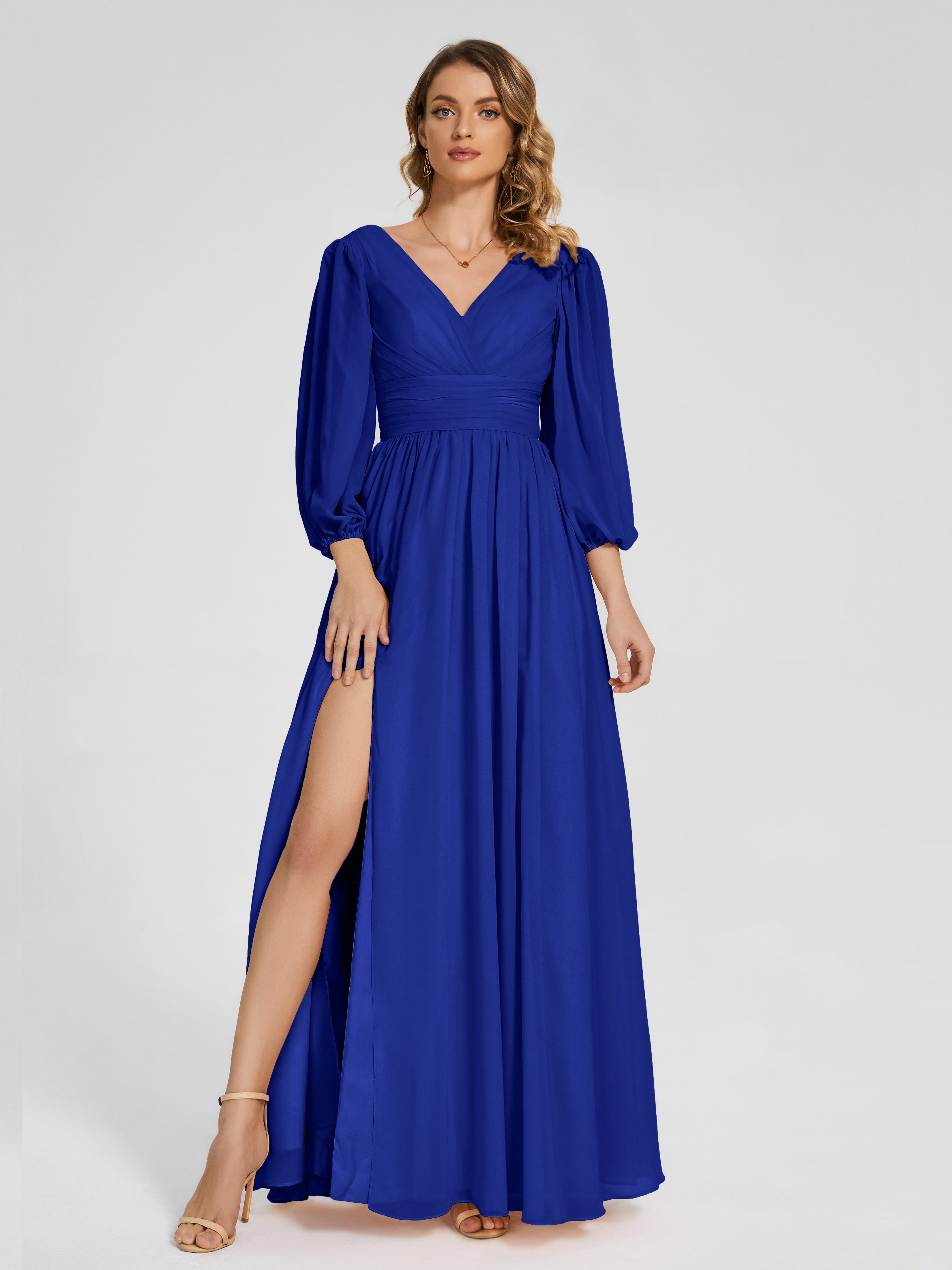 Demoiselle D'Honneur Bleu Royal Manches Longues Dos Nu Mousseline Robes Demoiselle D'Honneur