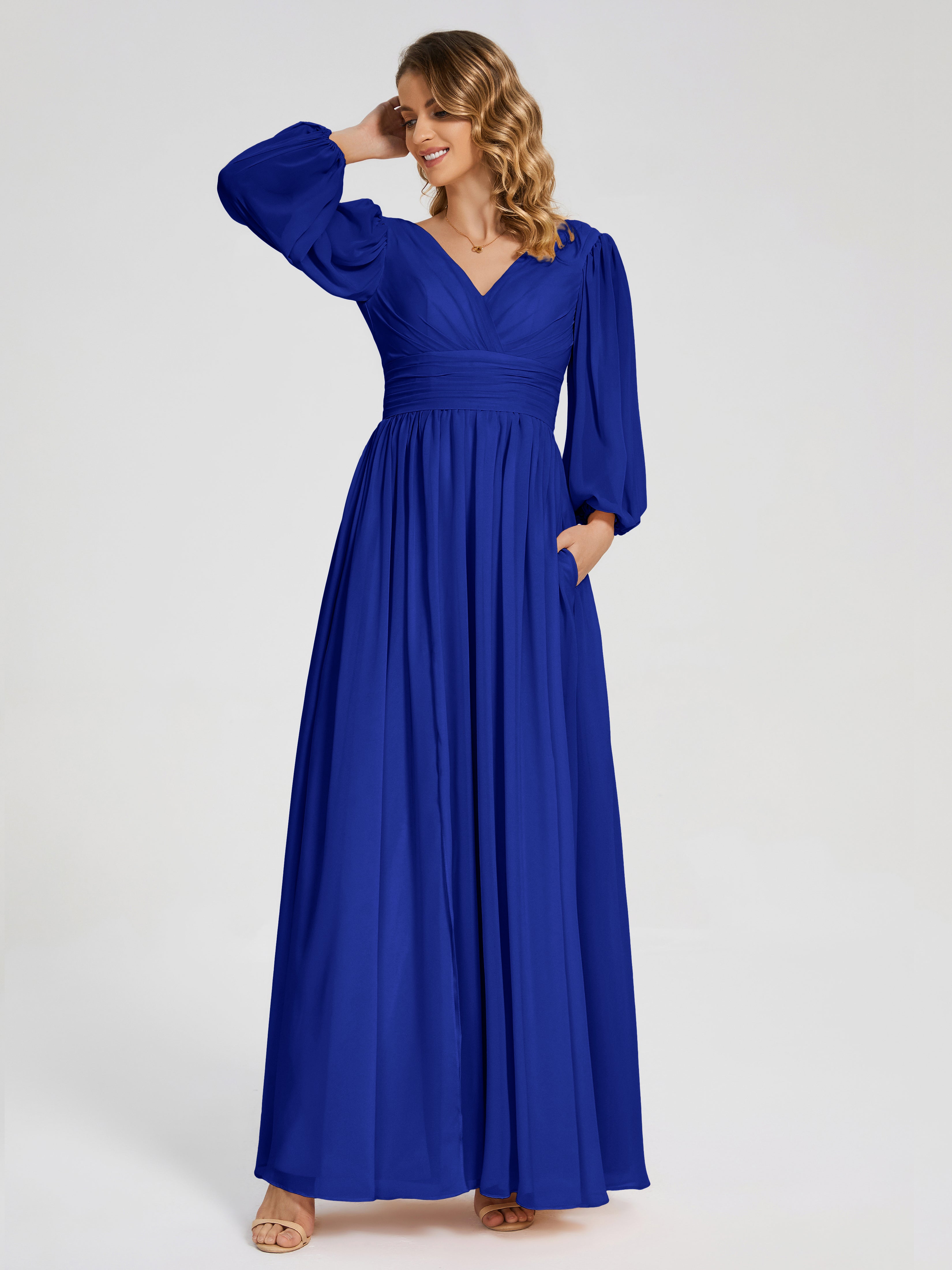 Demoiselle D'Honneur Bleu Royal Manches Longues Dos Nu Mousseline Robes Demoiselle D'Honneur