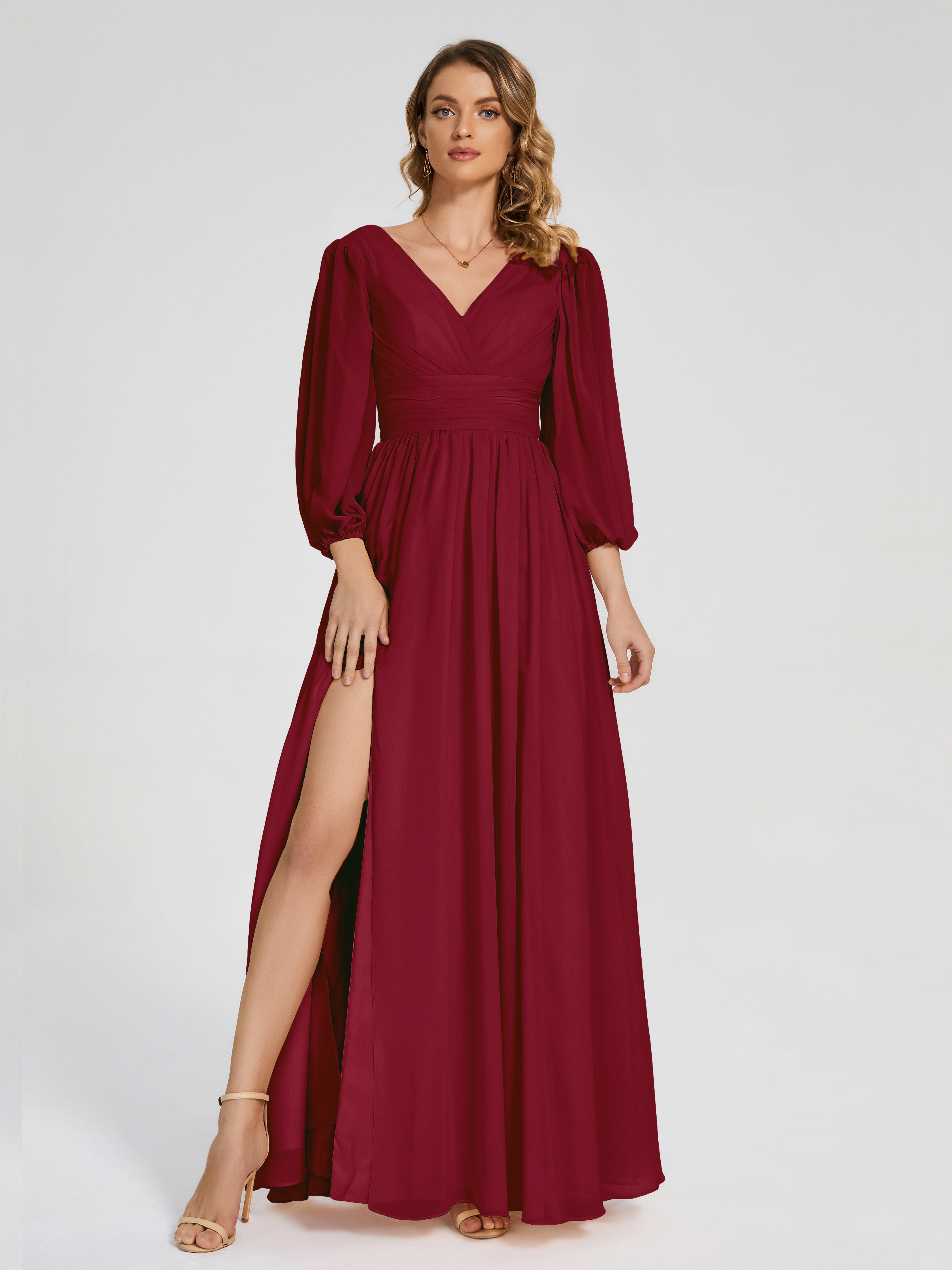 Modestes Robes De Demoiselle D'Honneur Bordeaux Manches Longues Dos Nu Mousseline Robes Demoiselle D'Honneur