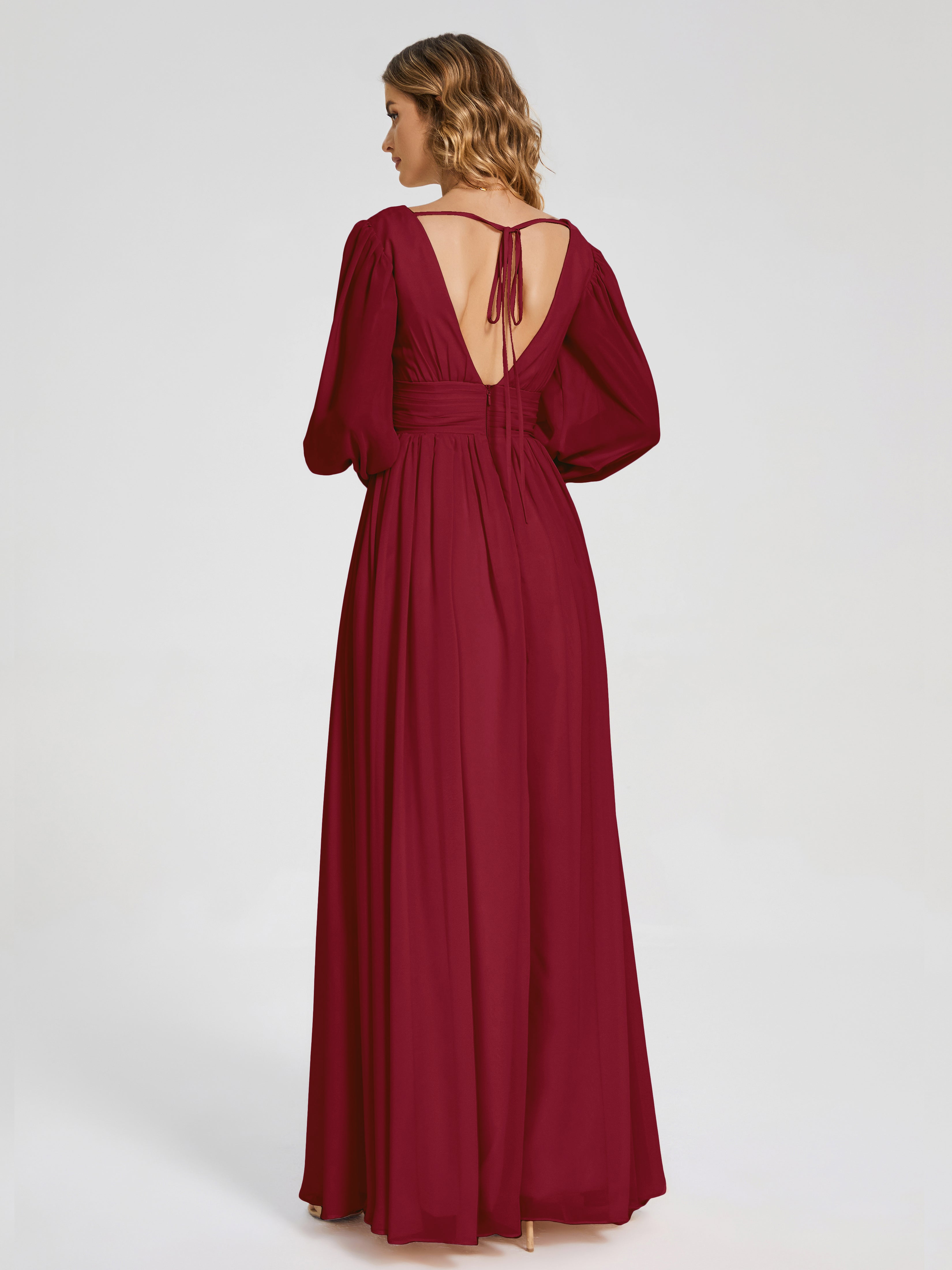 Modestes Robes De Demoiselle D'Honneur Bordeaux Manches Longues Dos Nu Mousseline Robes Demoiselle D'Honneur