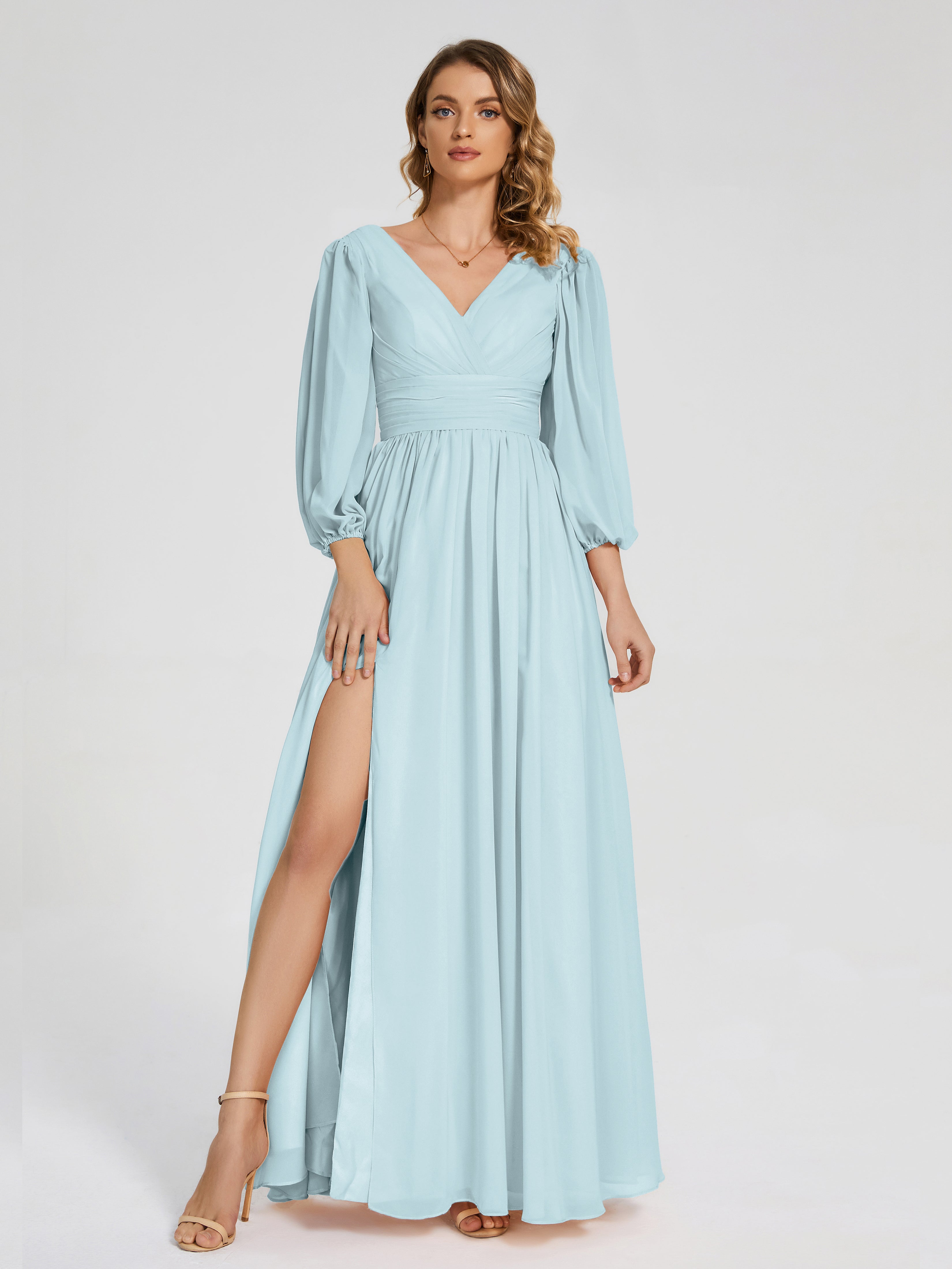 Robe De Demoiselle D'Honneur Brume Manches Longues Dos Nu Mousseline Robes Demoiselle D'Honneur