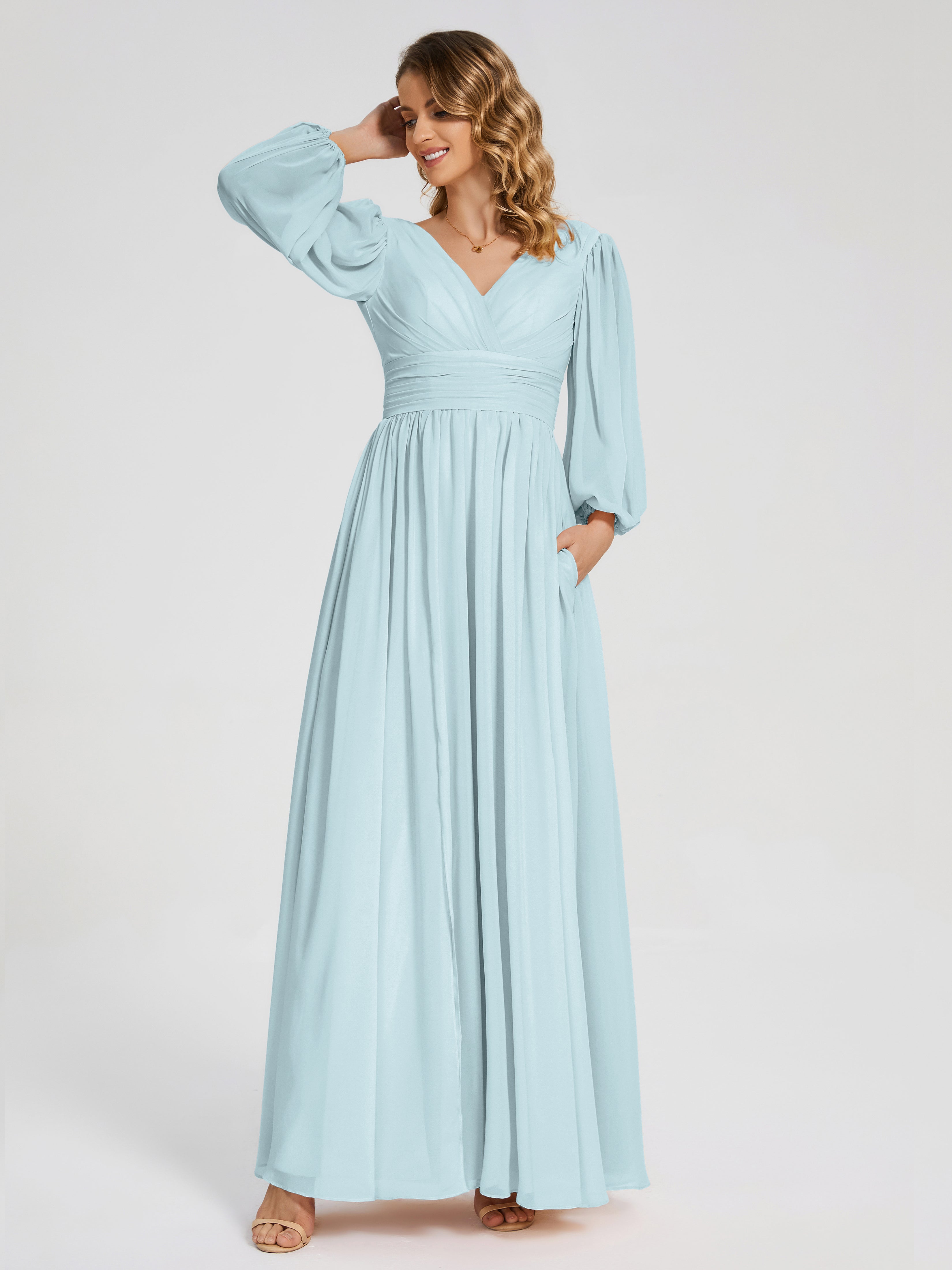 Robe De Demoiselle D'Honneur Brume Manches Longues Dos Nu Mousseline Robes Demoiselle D'Honneur