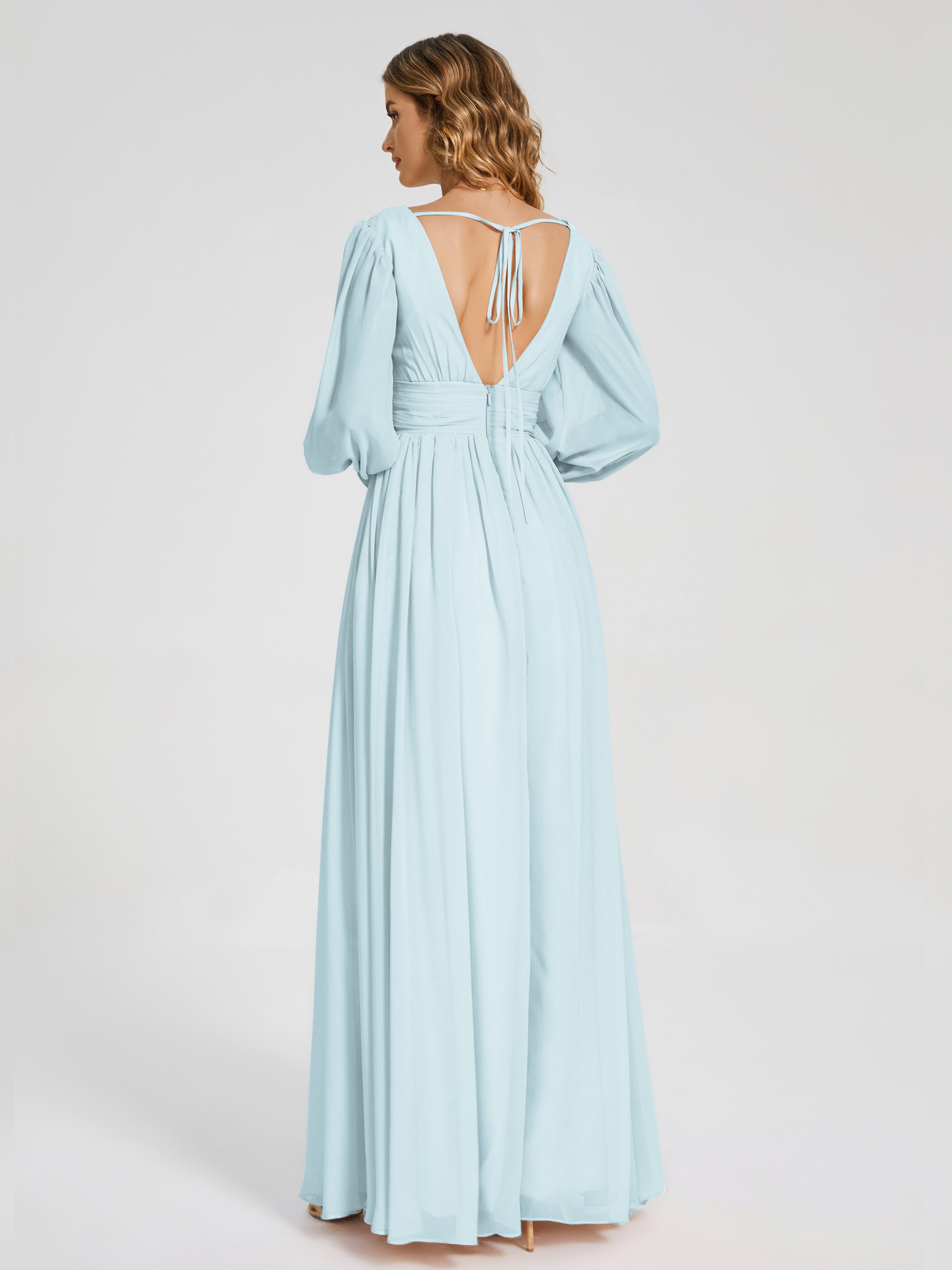Robe De Demoiselle D'Honneur Brume Manches Longues Dos Nu Mousseline Robes Demoiselle D'Honneur