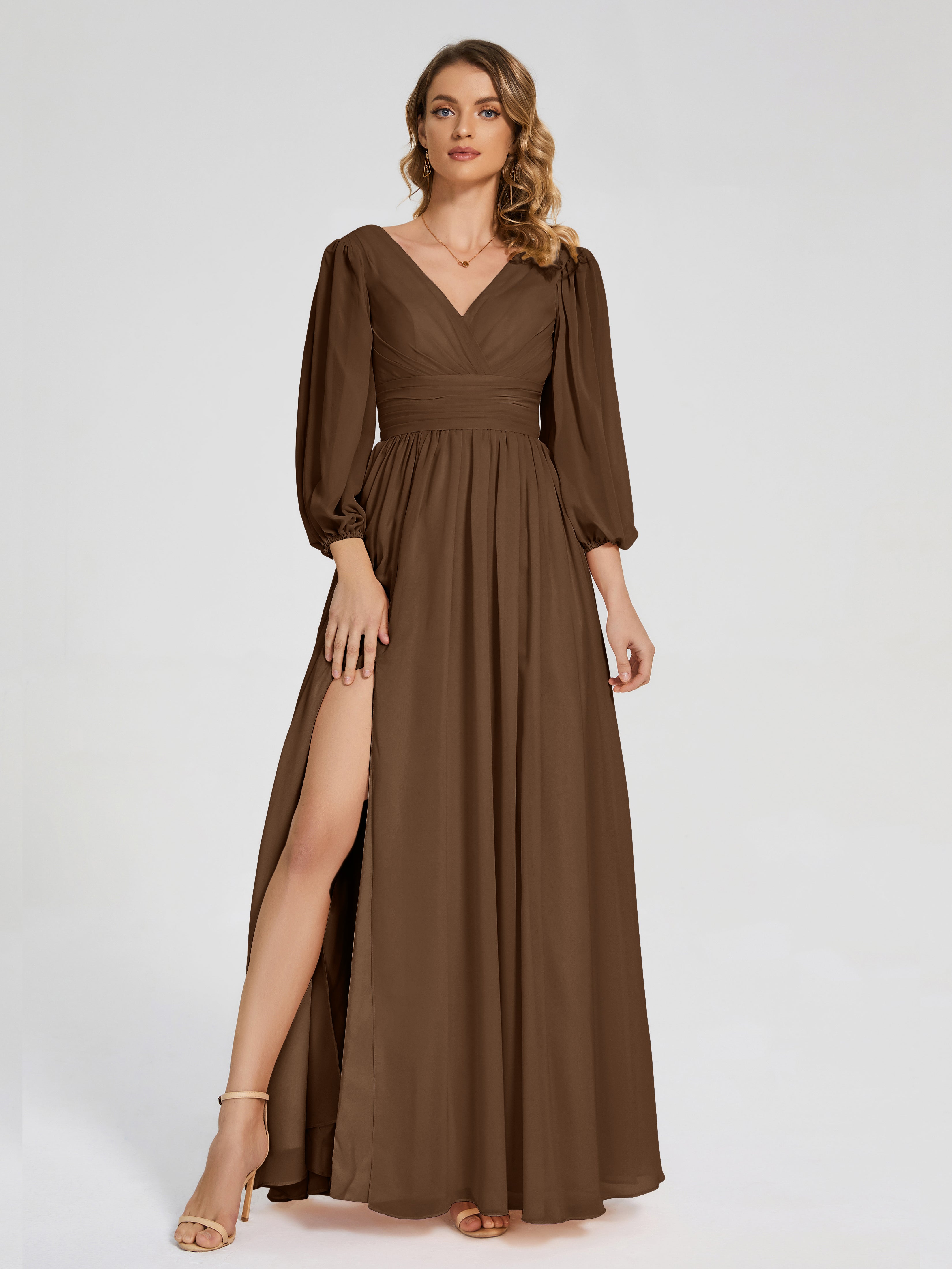 Robe Demoiselle D Honneur Brun Manches Longues Dos Nu Mousseline Robes Demoiselle D'Honneur