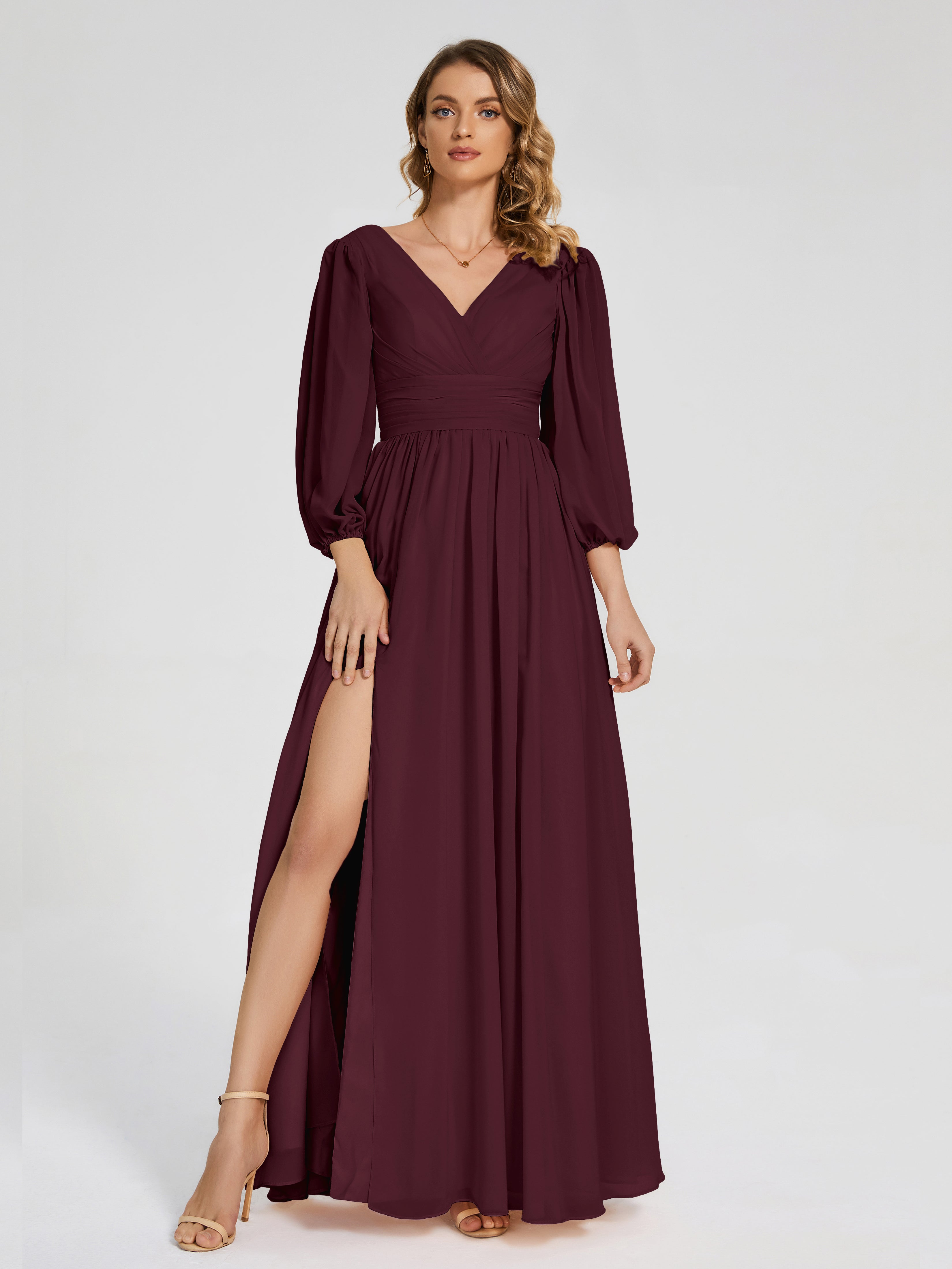 Robes De Demoiselle D'Honneur Cabernet Manches Longues Dos Nu Mousseline Robes Demoiselle D'Honneur
