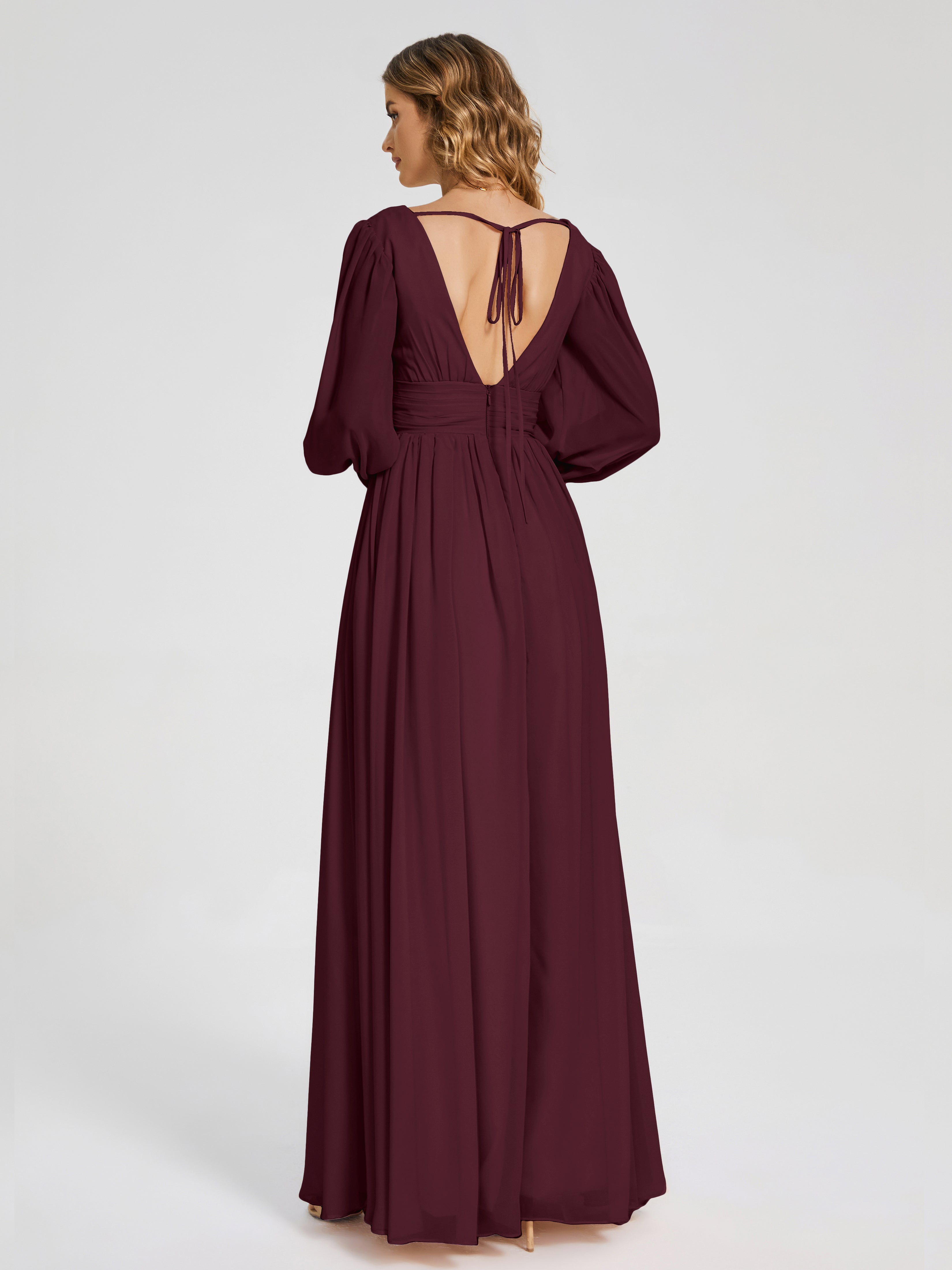 Robes De Demoiselle D'Honneur Cabernet Manches Longues Dos Nu Mousseline Robes Demoiselle D'Honneur