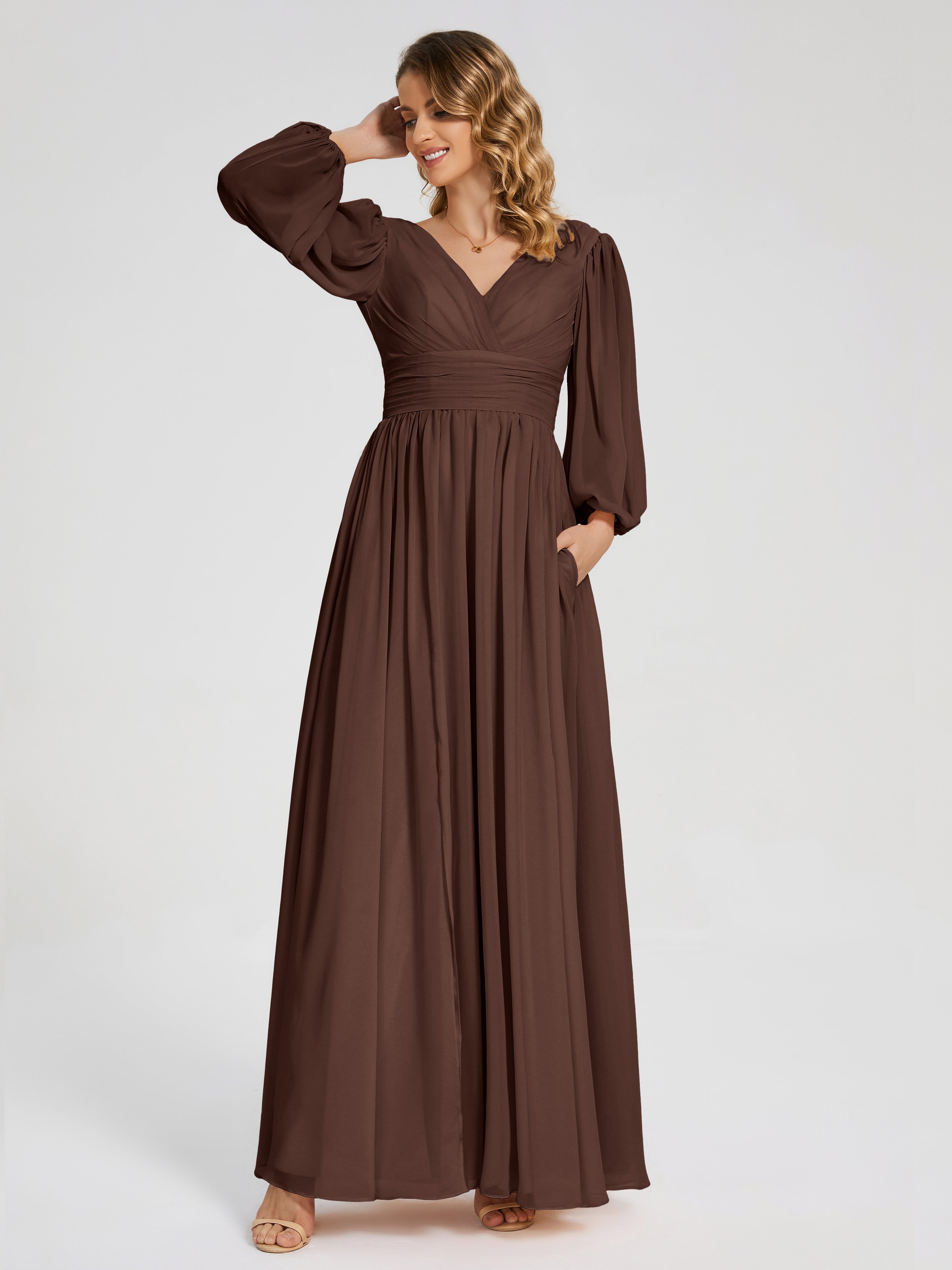 Robe Demoiselle D Honneur Chocolat Manches Longues Dos Nu Mousseline Robes Demoiselle D'Honneur