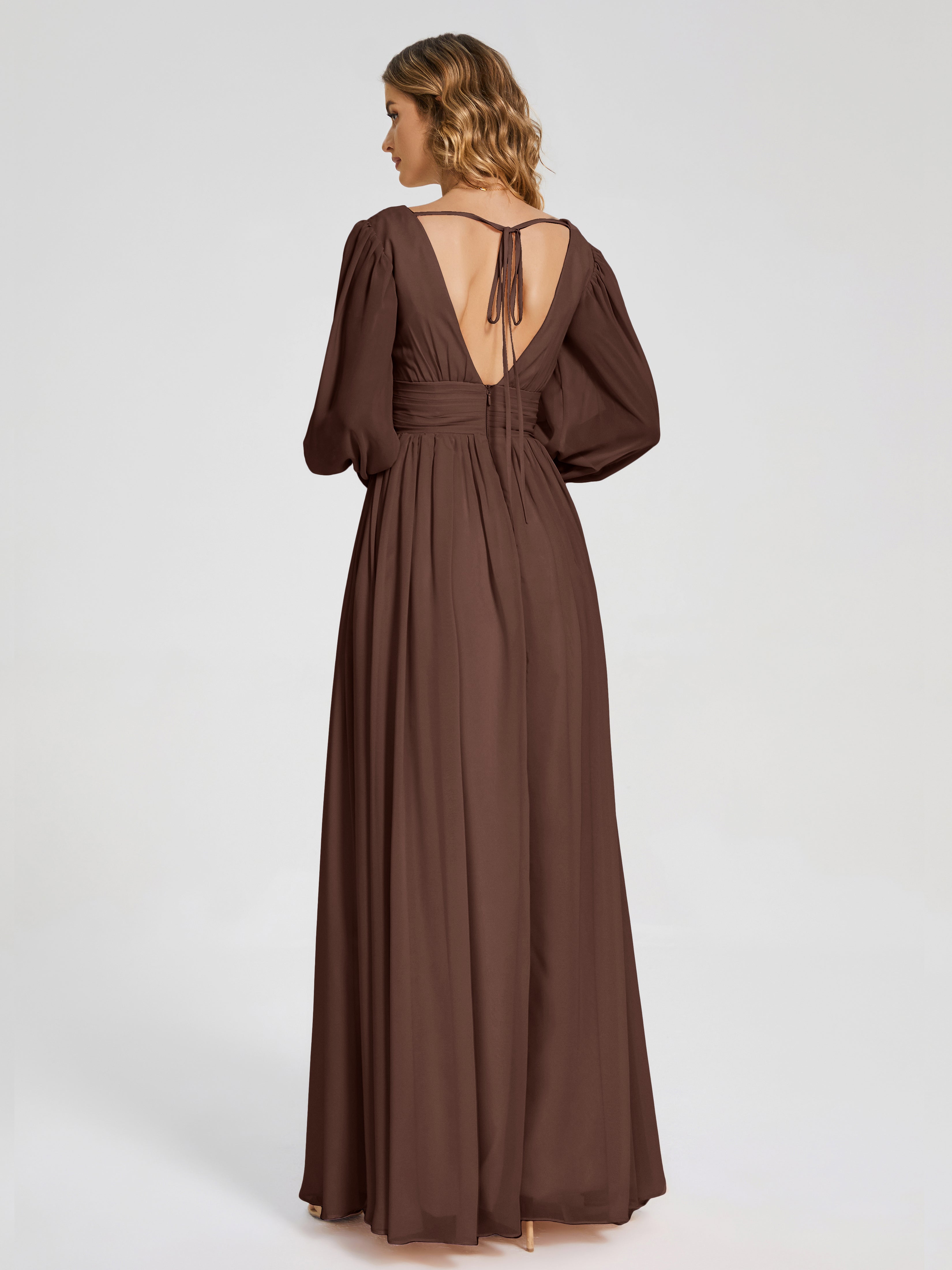 Robe Demoiselle D Honneur Chocolat Manches Longues Dos Nu Mousseline Robes Demoiselle D'Honneur