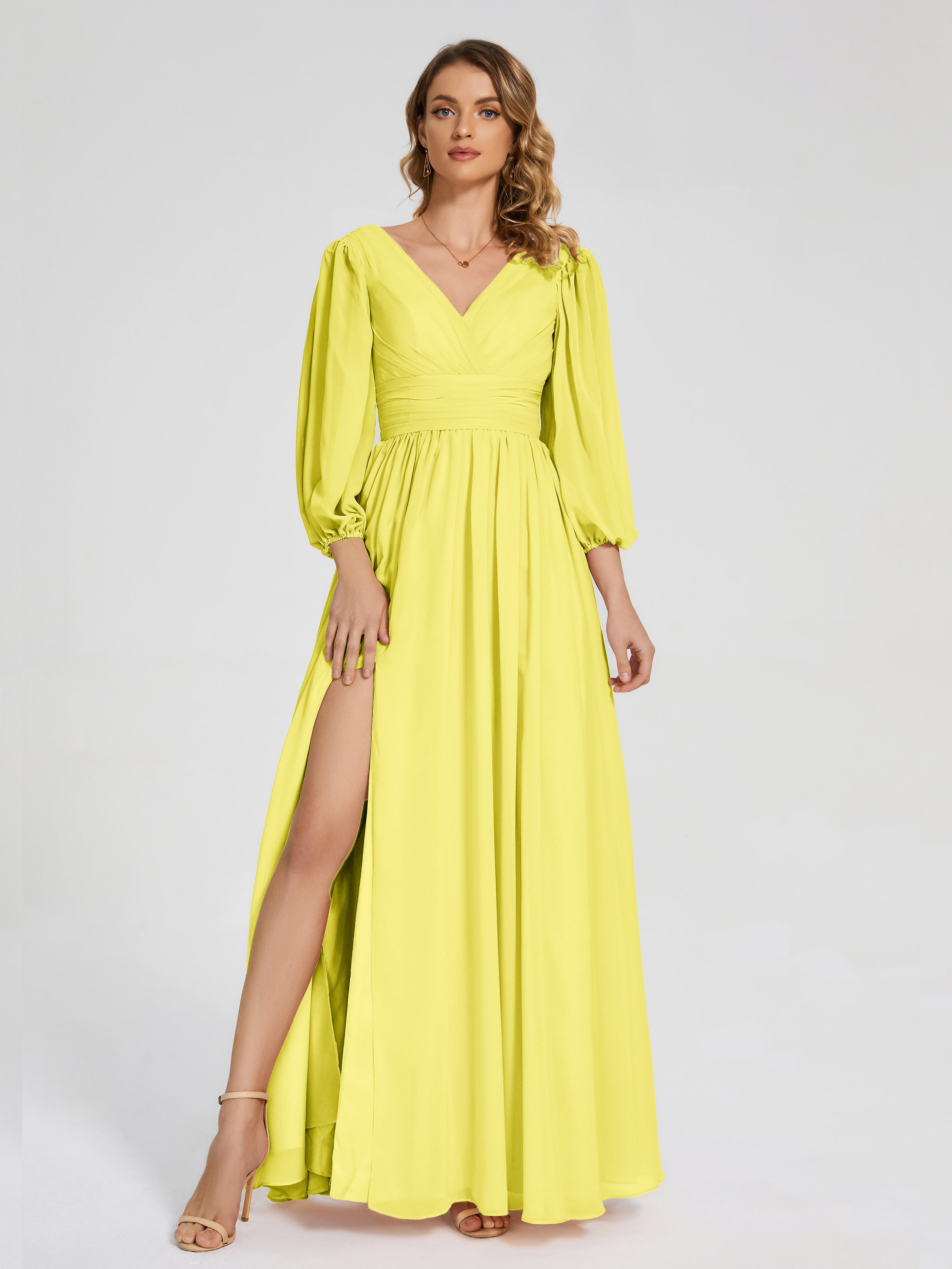 Robes De Demoiselle D'Honneur Citron Manches Longues Dos Nu Mousseline Robes Demoiselle D'Honneur