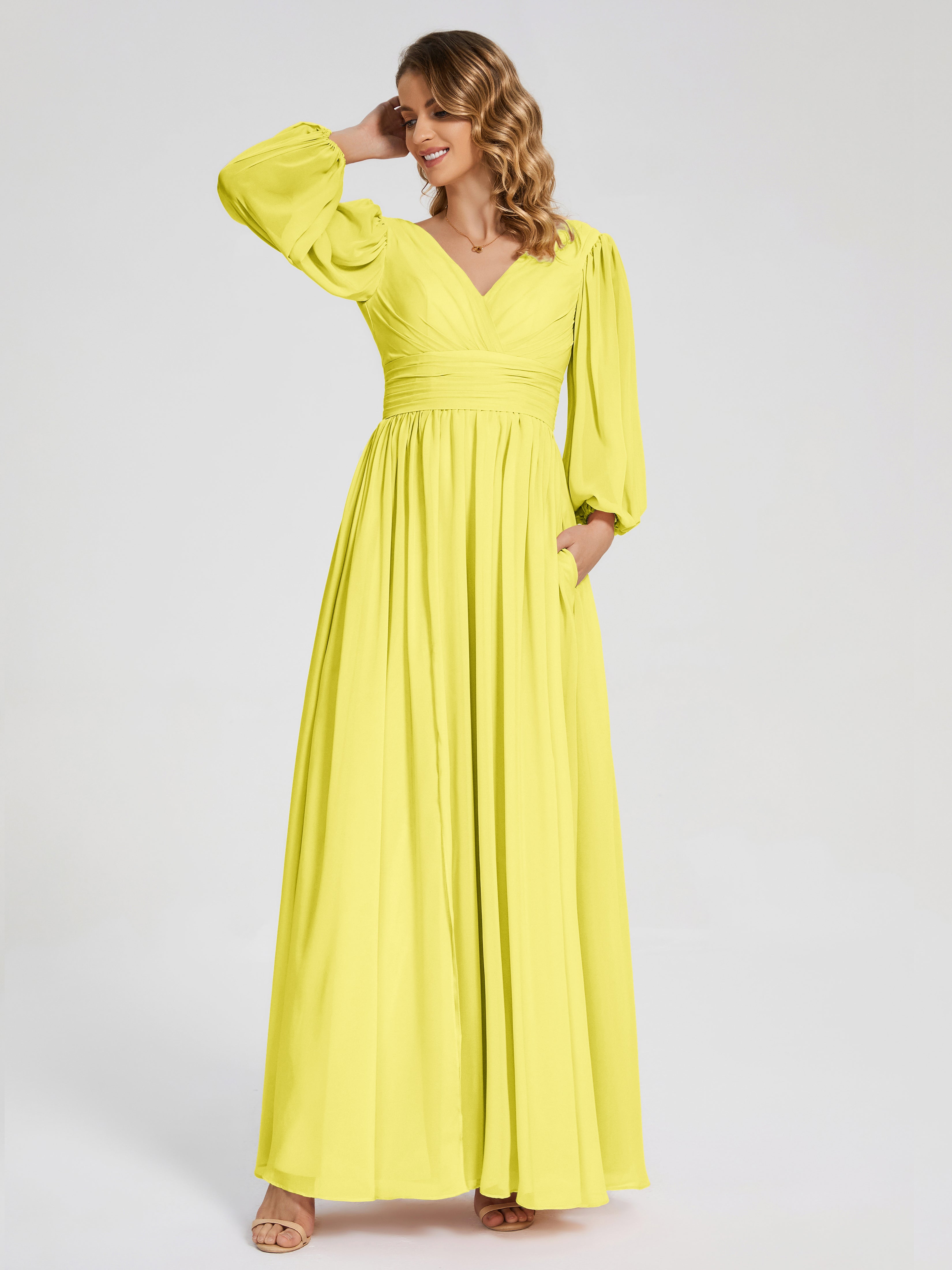 Robes De Demoiselle D'Honneur Citron Manches Longues Dos Nu Mousseline Robes Demoiselle D'Honneur