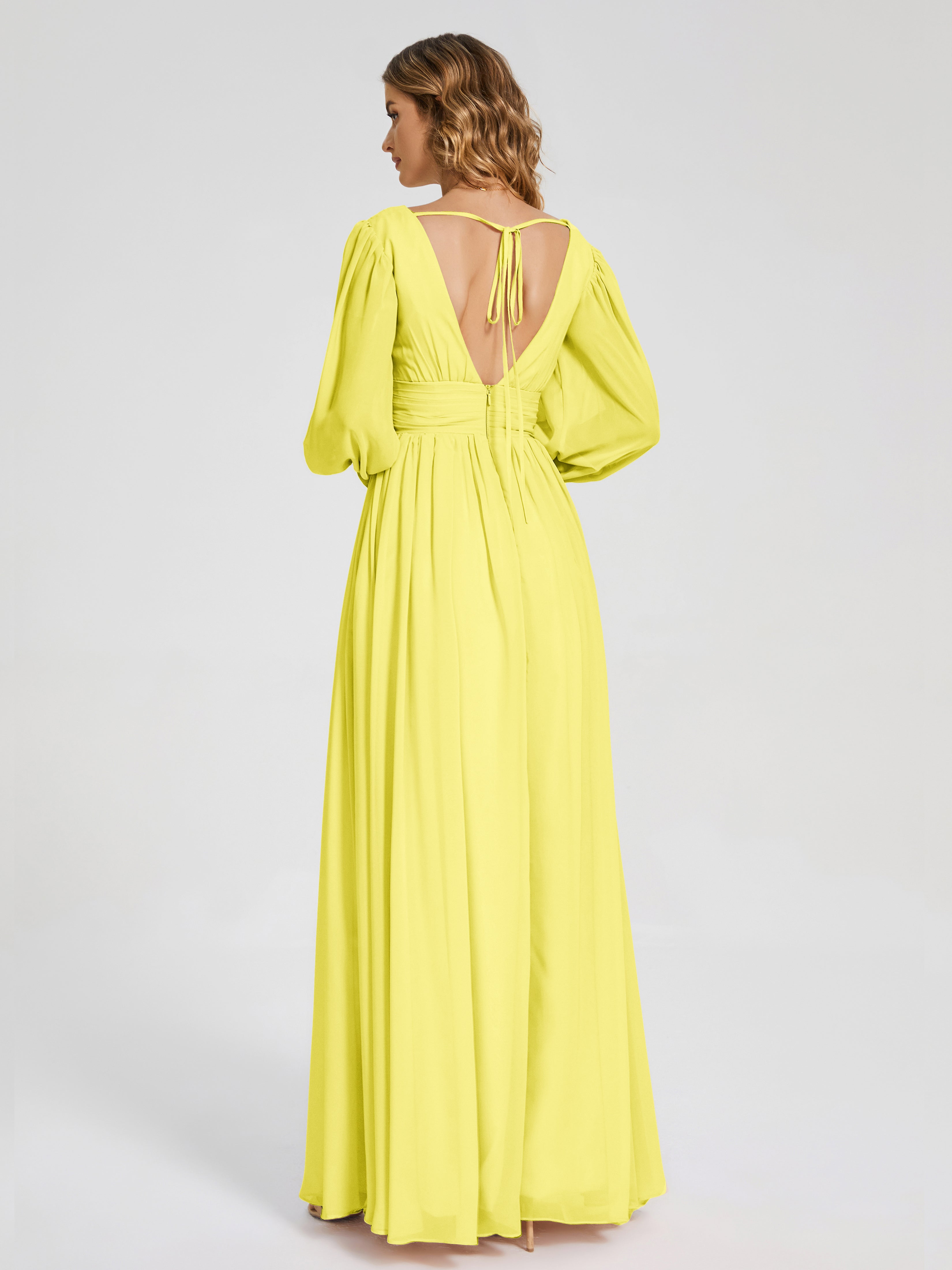 Robes De Demoiselle D'Honneur Citron Manches Longues Dos Nu Mousseline Robes Demoiselle D'Honneur