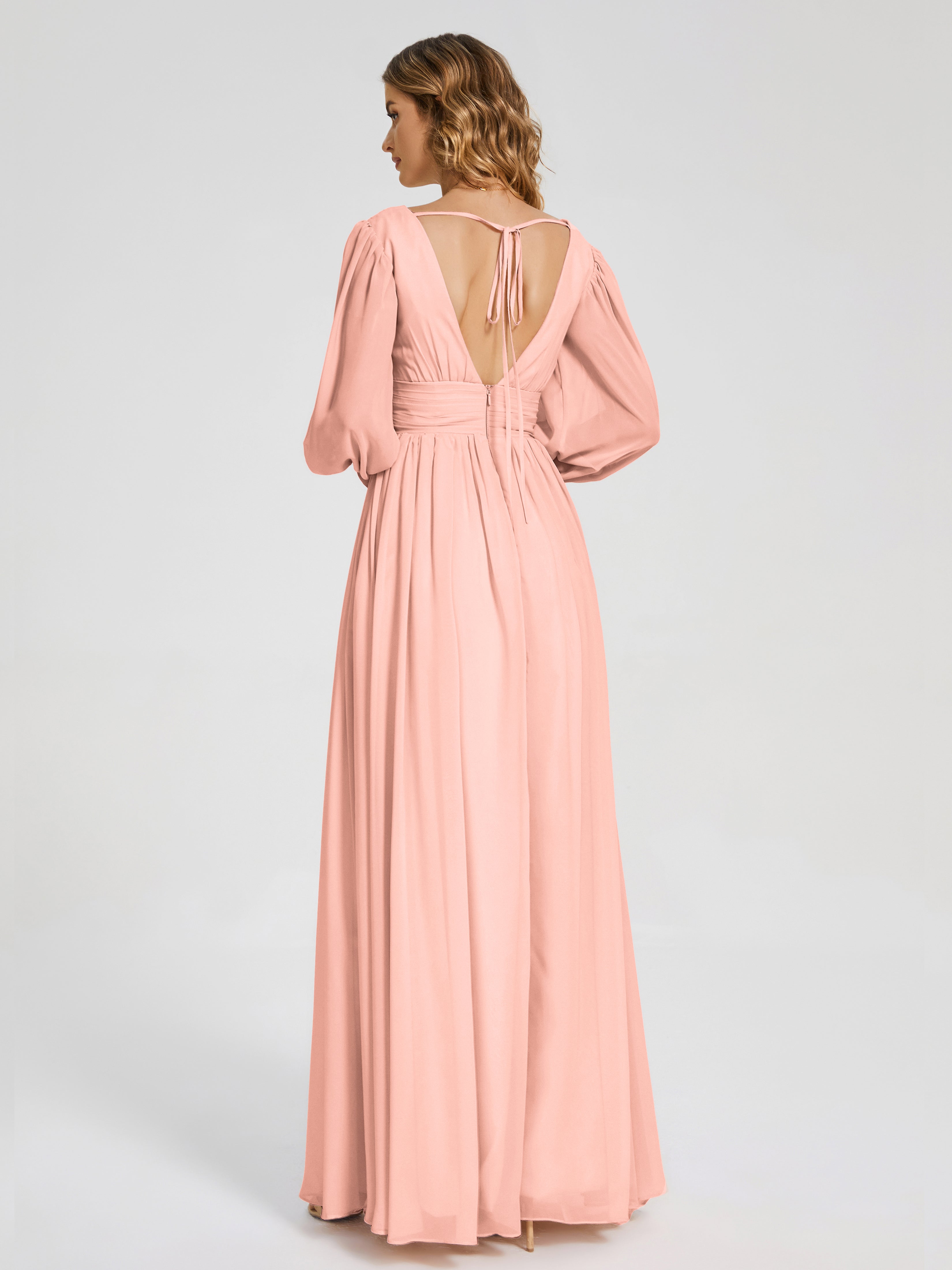 Robe Demoiselle D Honneur Corail Manches Longues Dos Nu Mousseline Robes Demoiselle D'Honneur