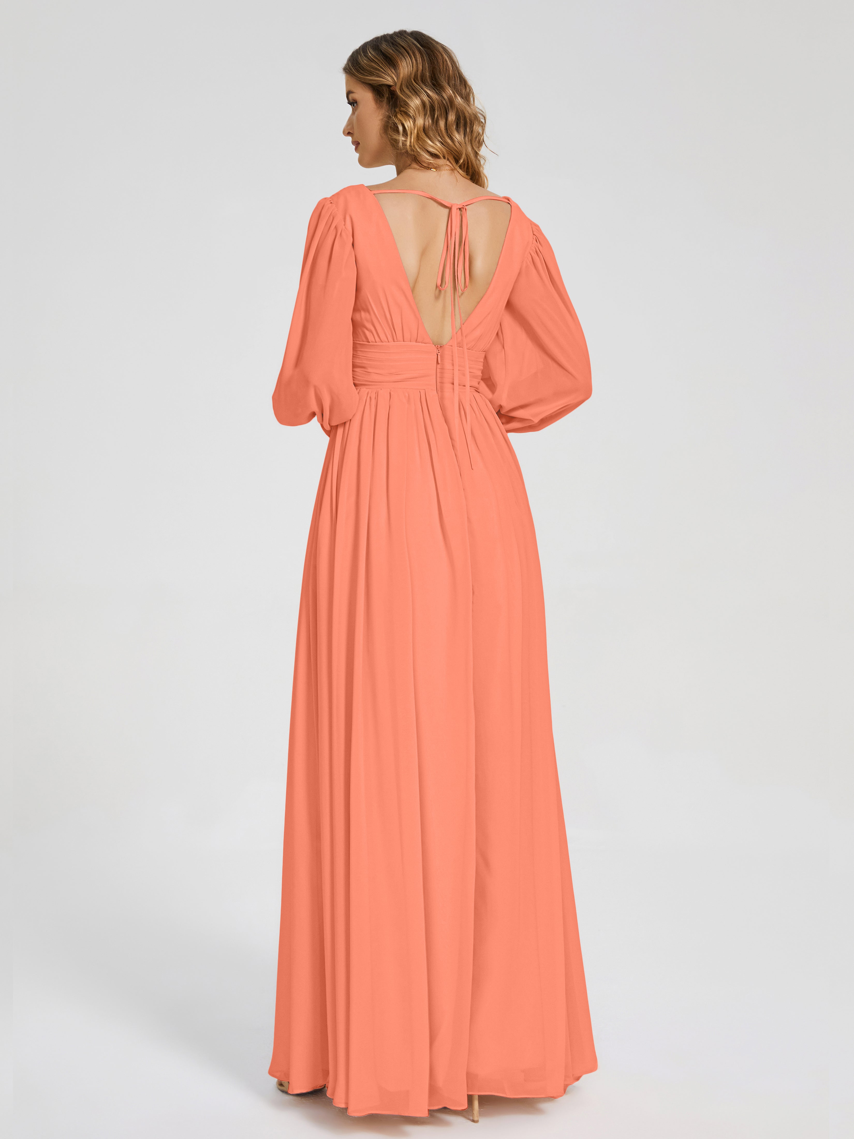 Robes De Demoiselle D'Honneur Coucher De Soleil Manches Longues Dos Nu Mousseline Robes Demoiselle D'Honneur