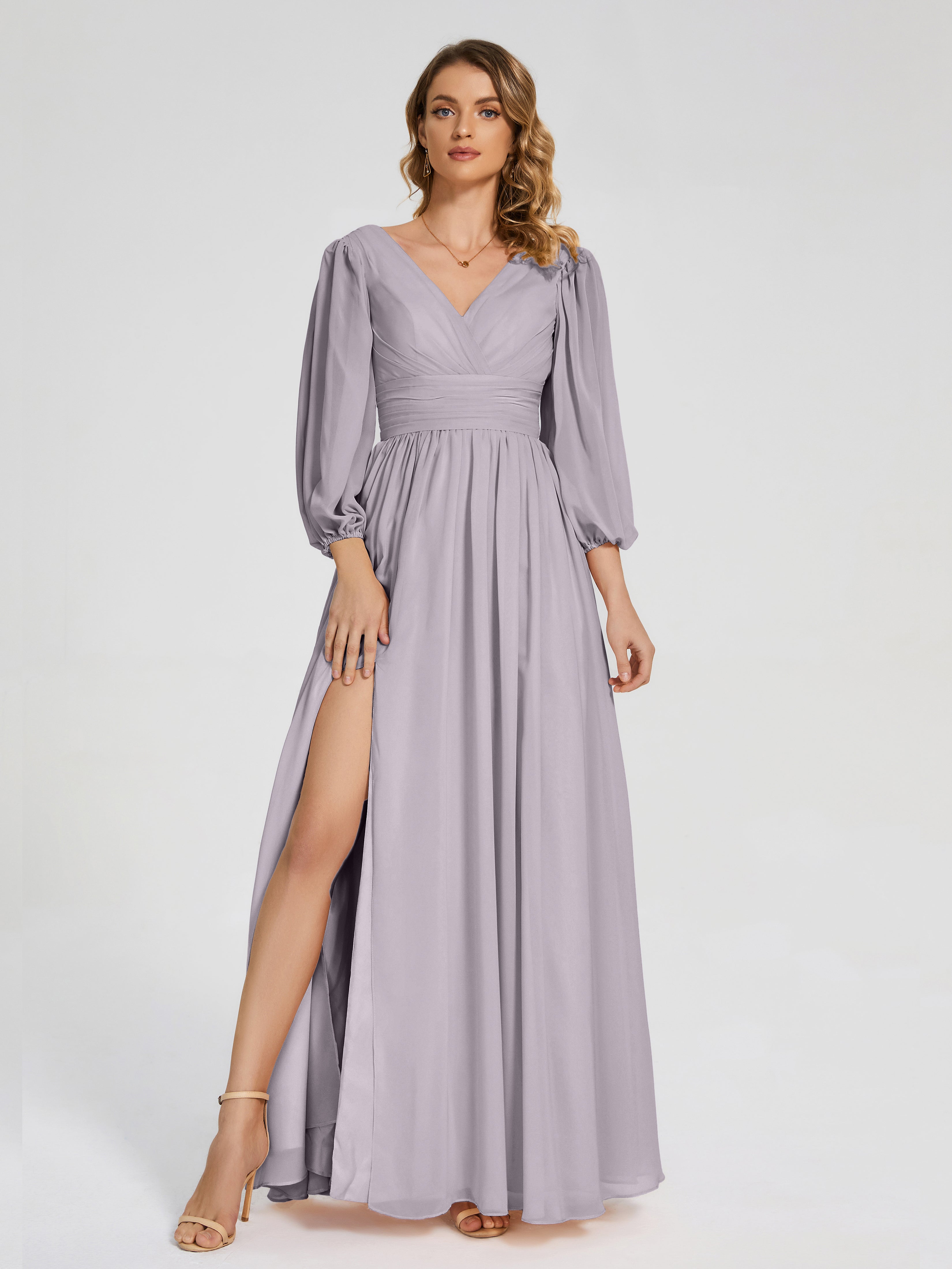 Robes De Demoiselle D'Honneur Couleur Crépuscule Manches Longues Dos Nu Mousseline Robes Demoiselle D'Honneur