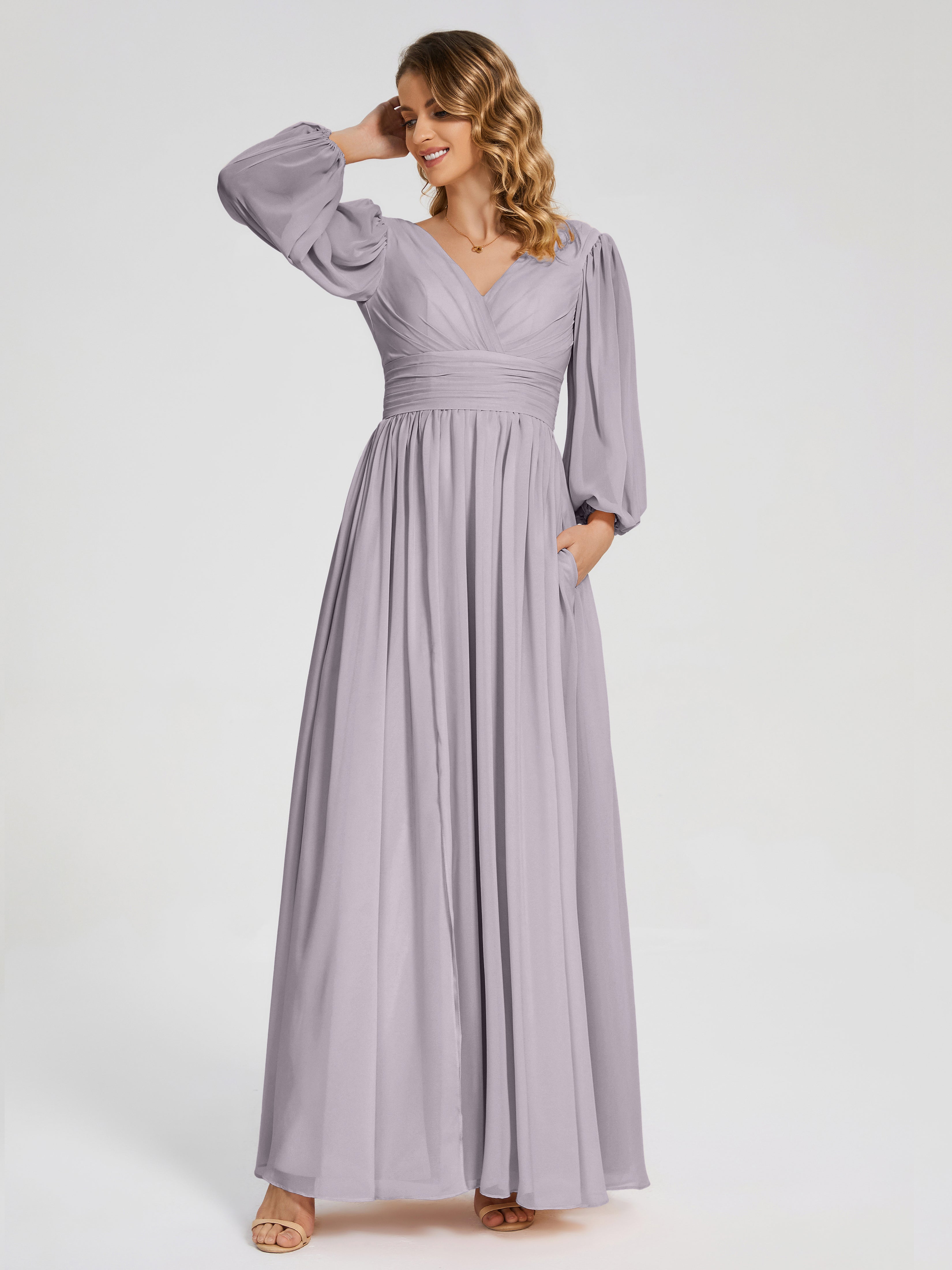 Robes De Demoiselle D'Honneur Couleur Crépuscule Manches Longues Dos Nu Mousseline Robes Demoiselle D'Honneur