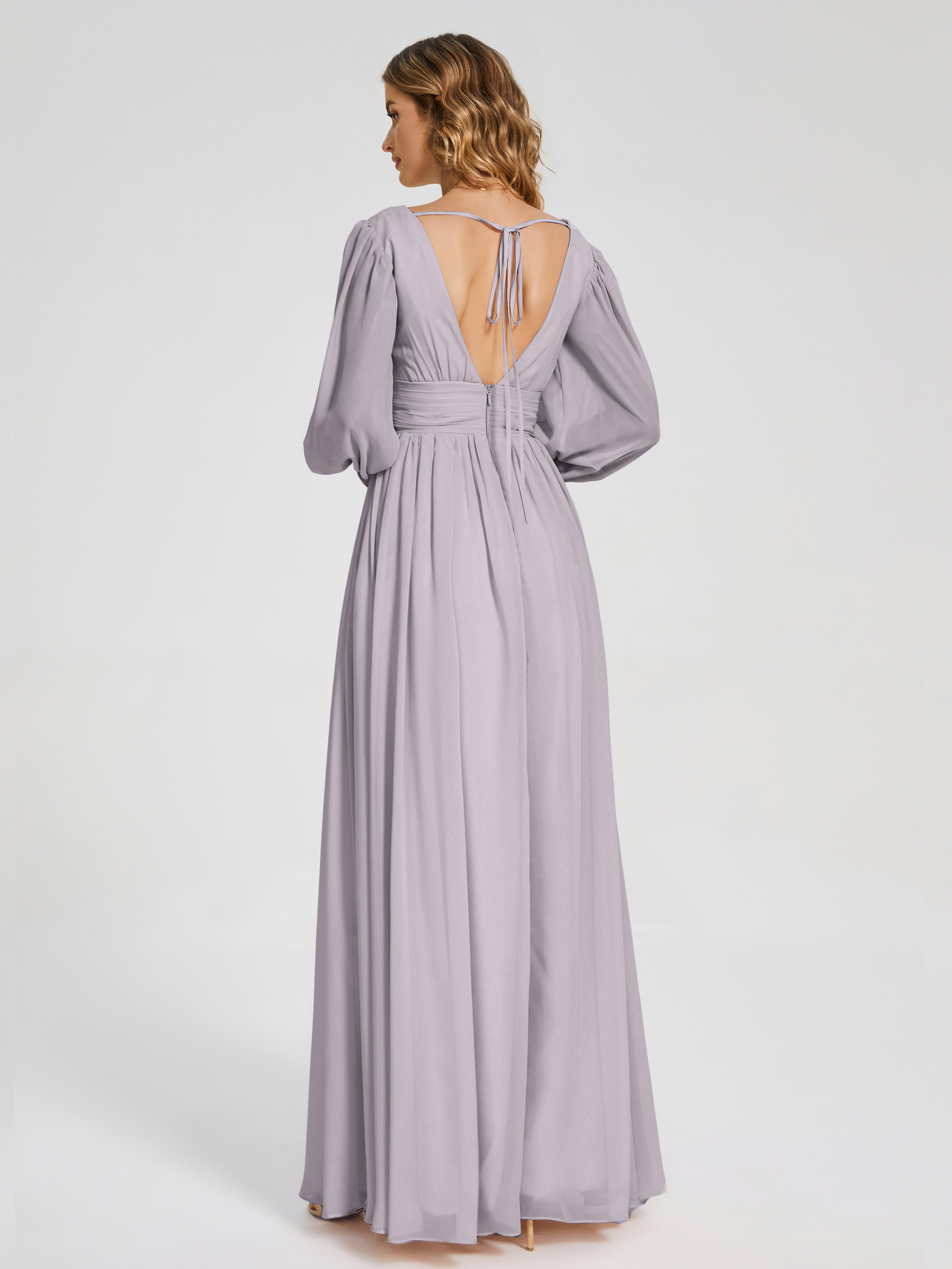 Robes De Demoiselle D'Honneur Couleur Crépuscule Manches Longues Dos Nu Mousseline Robes Demoiselle D'Honneur
