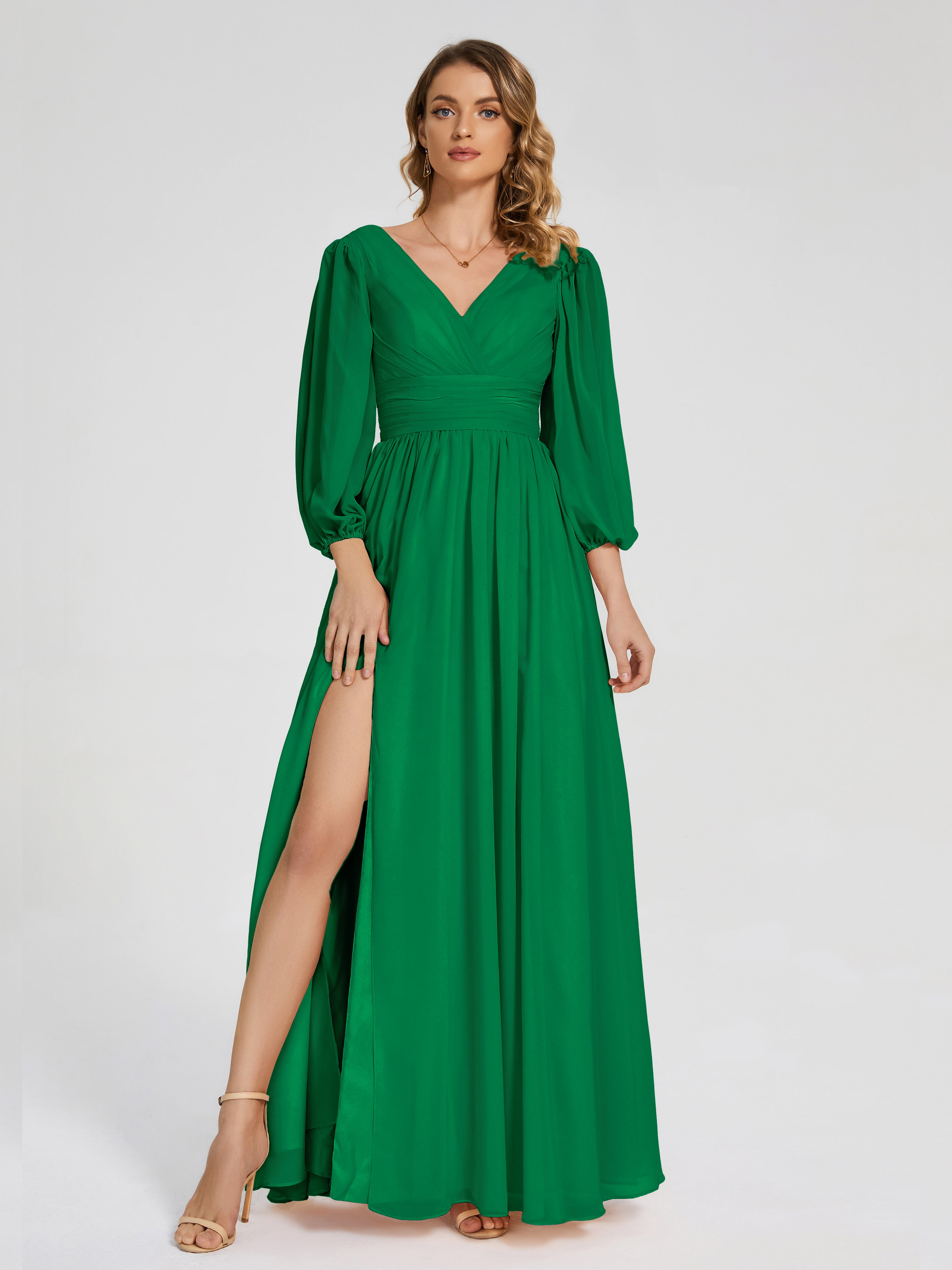 Robe Demoiselle D Honneur Vert Emeraude Manches Longues Dos Nu Mousseline Robes Demoiselle D'Honneur