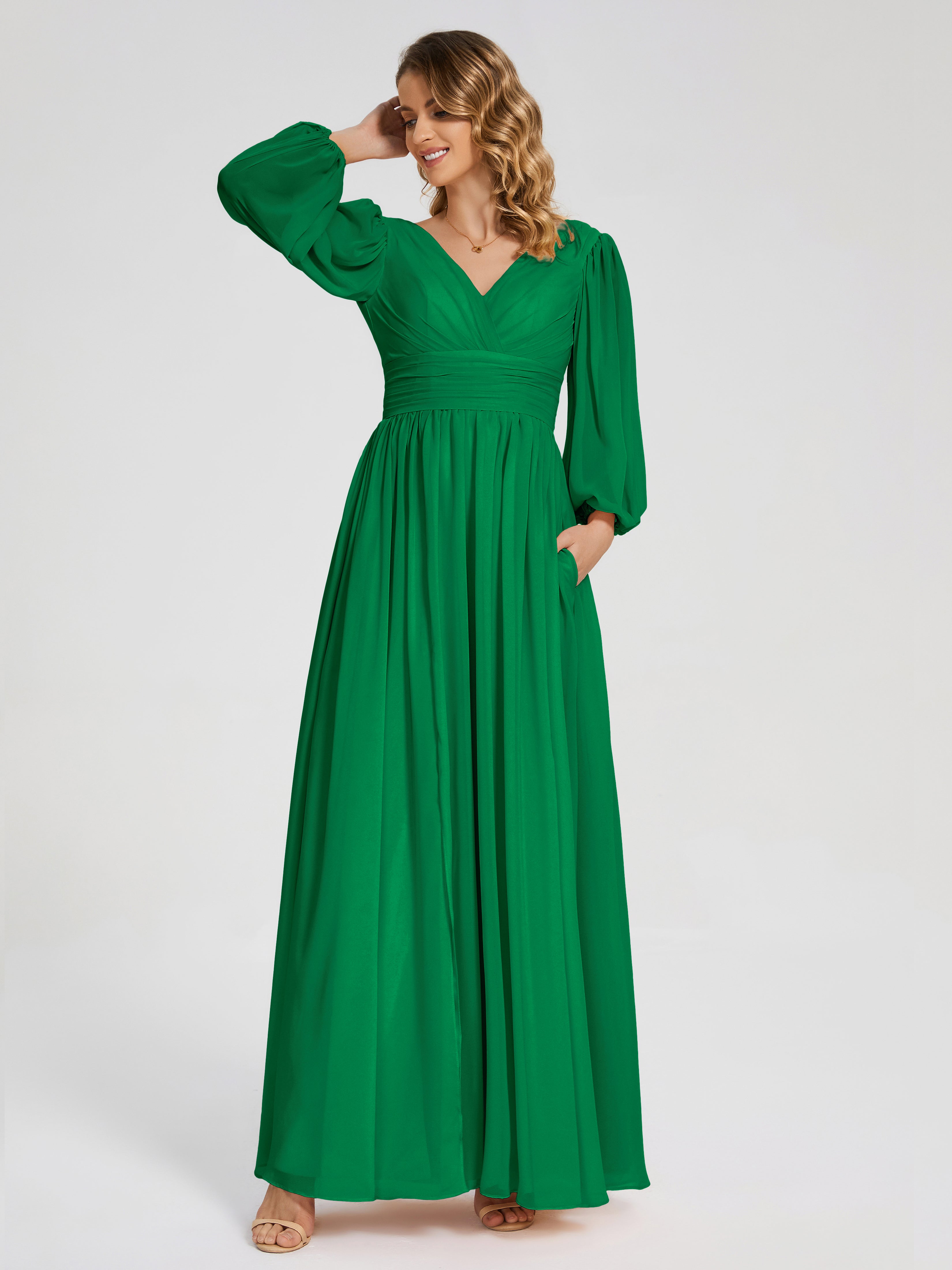 Robe Demoiselle D Honneur Vert Emeraude Manches Longues Dos Nu Mousseline Robes Demoiselle D'Honneur