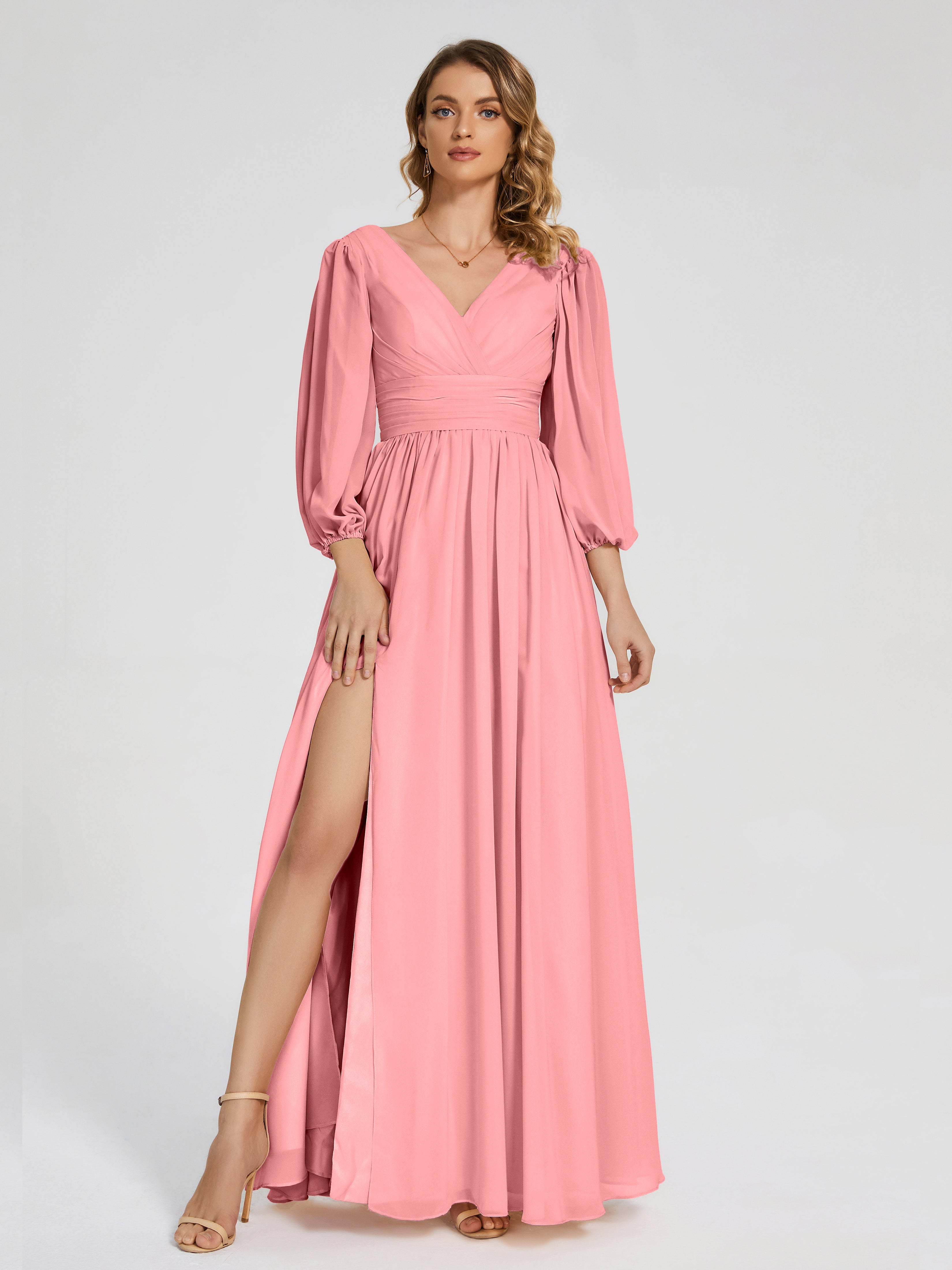Robes De Demoiselle D'Honneur Flamant Manches Longues Dos Nu Mousseline Robes Demoiselle D'Honneur