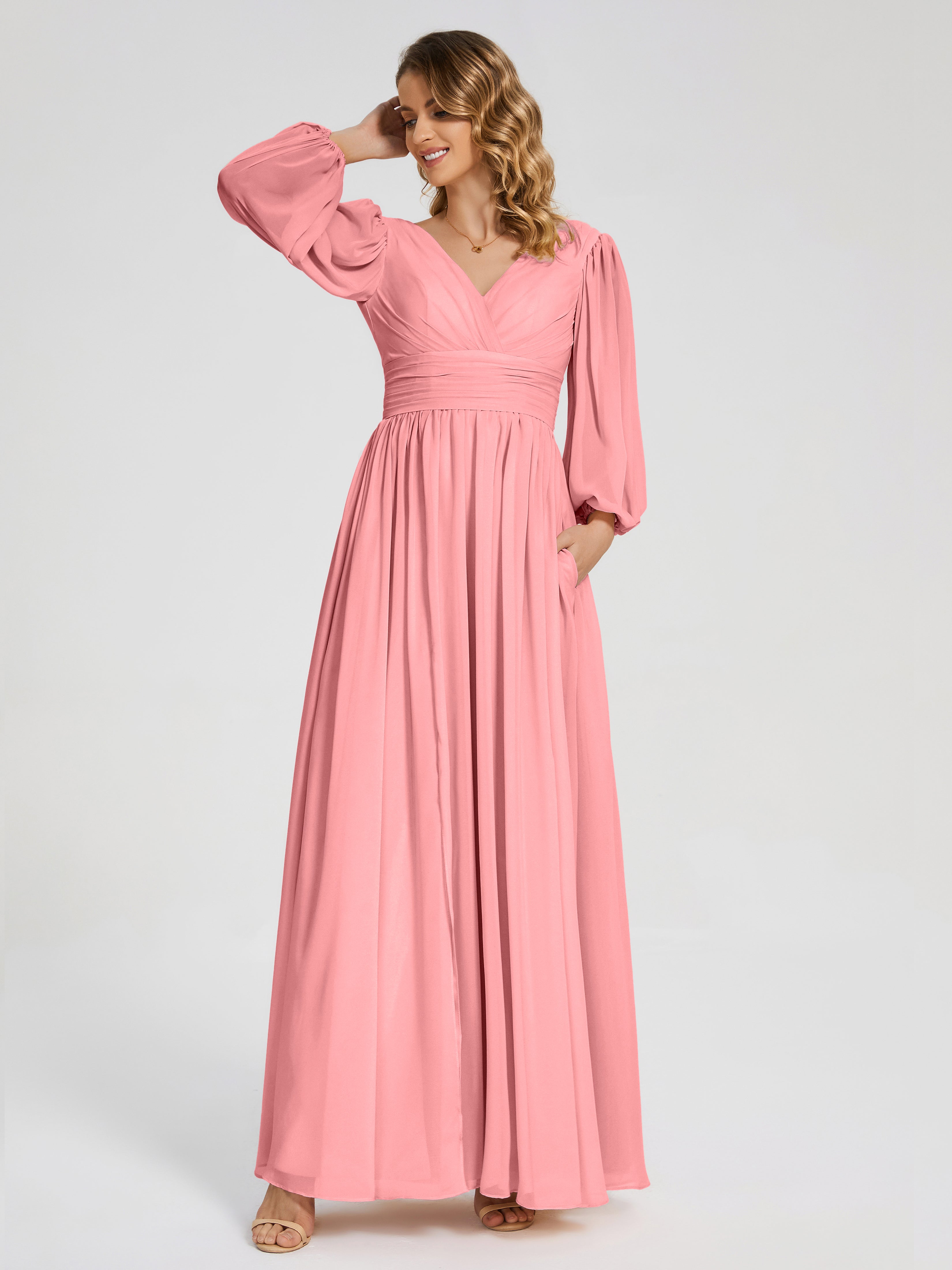 Robes De Demoiselle D'Honneur Flamant Manches Longues Dos Nu Mousseline Robes Demoiselle D'Honneur