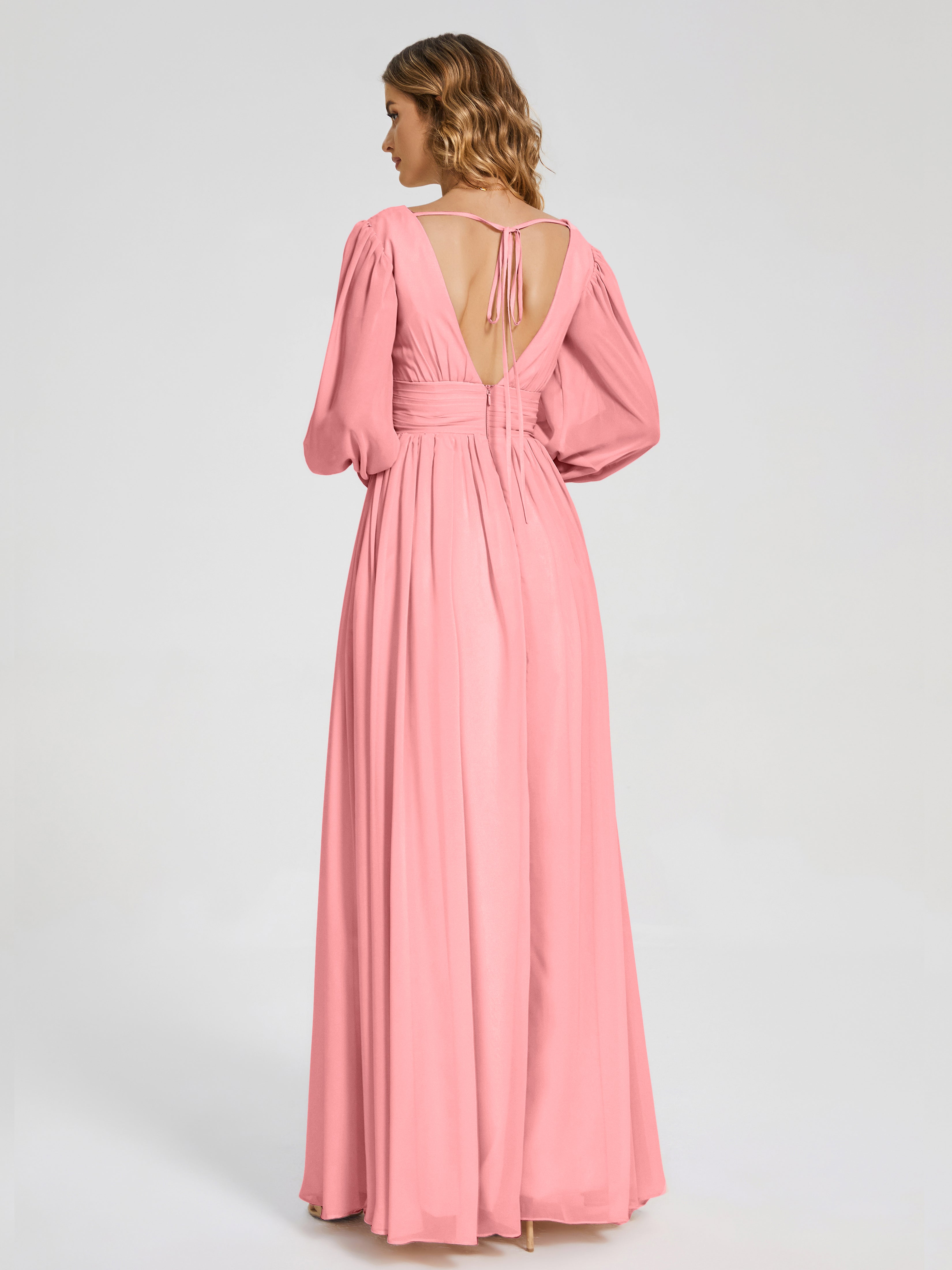 Robes De Demoiselle D'Honneur Flamant Manches Longues Dos Nu Mousseline Robes Demoiselle D'Honneur