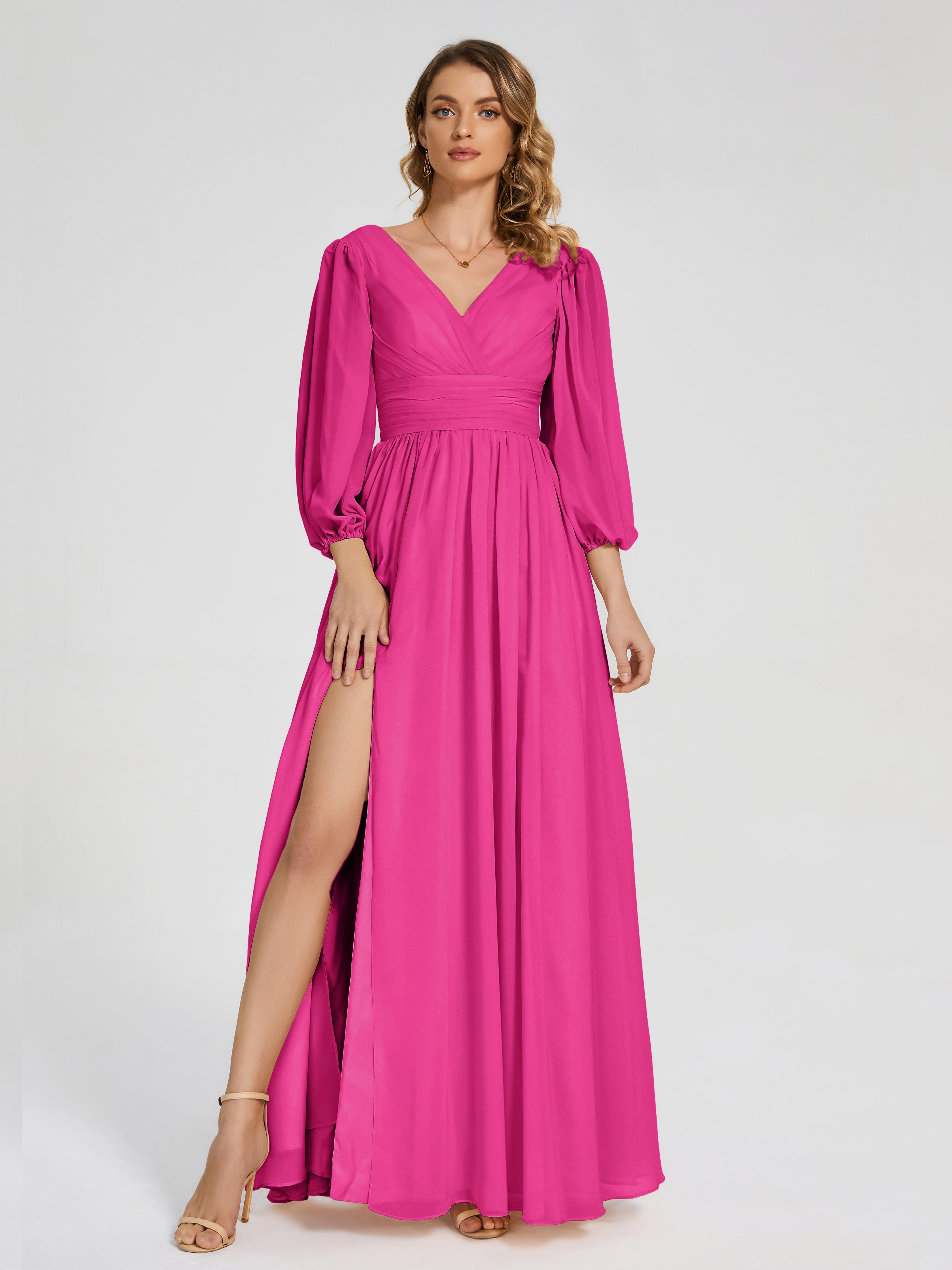 Robes De Demoiselle D'Honneur Couleur Rose Fuchsia Manches Longues Dos Nu Mousseline Robes Demoiselle D'Honneur