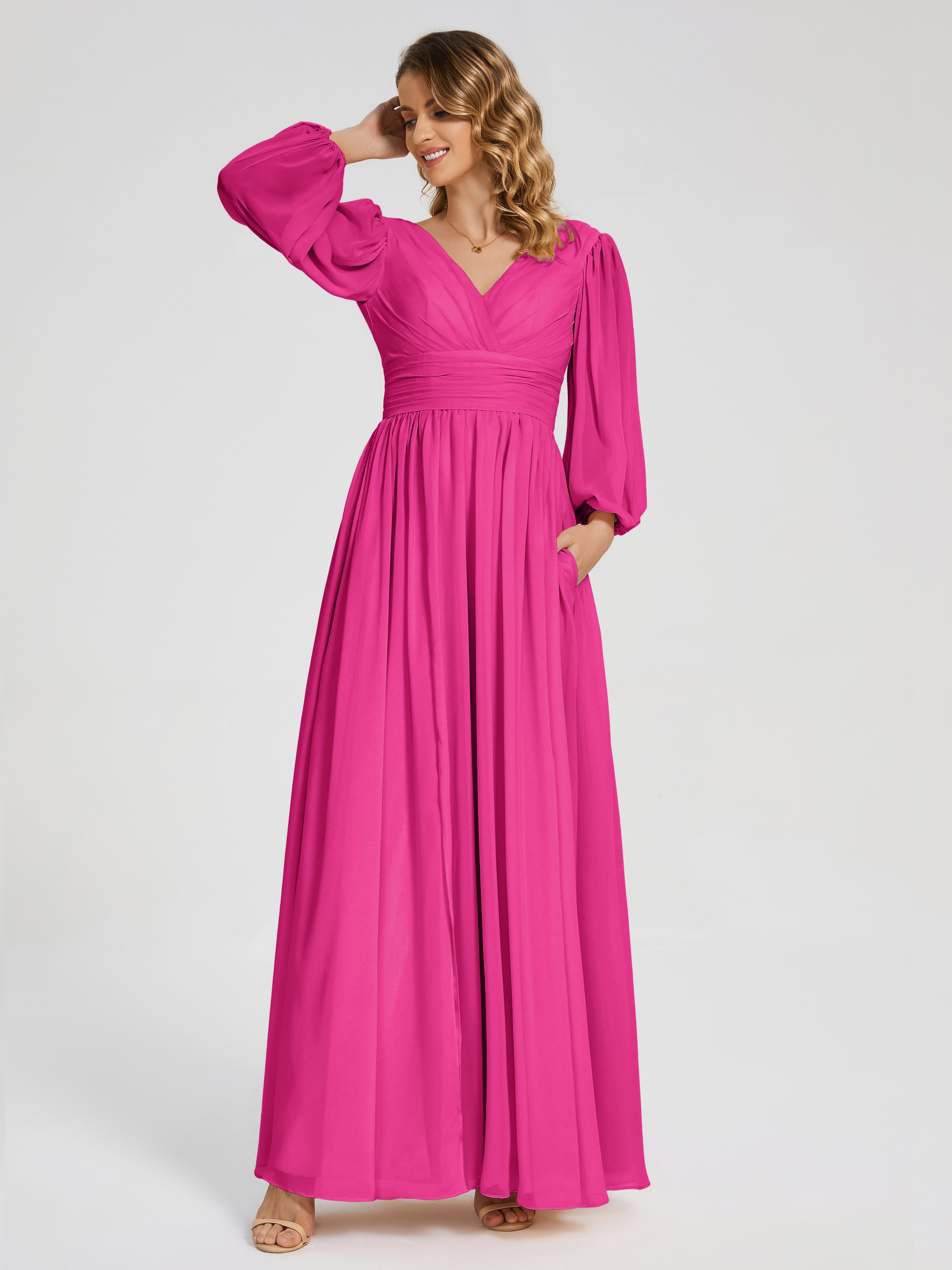 Robes De Demoiselle D'Honneur Couleur Rose Fuchsia Manches Longues Dos Nu Mousseline Robes Demoiselle D'Honneur