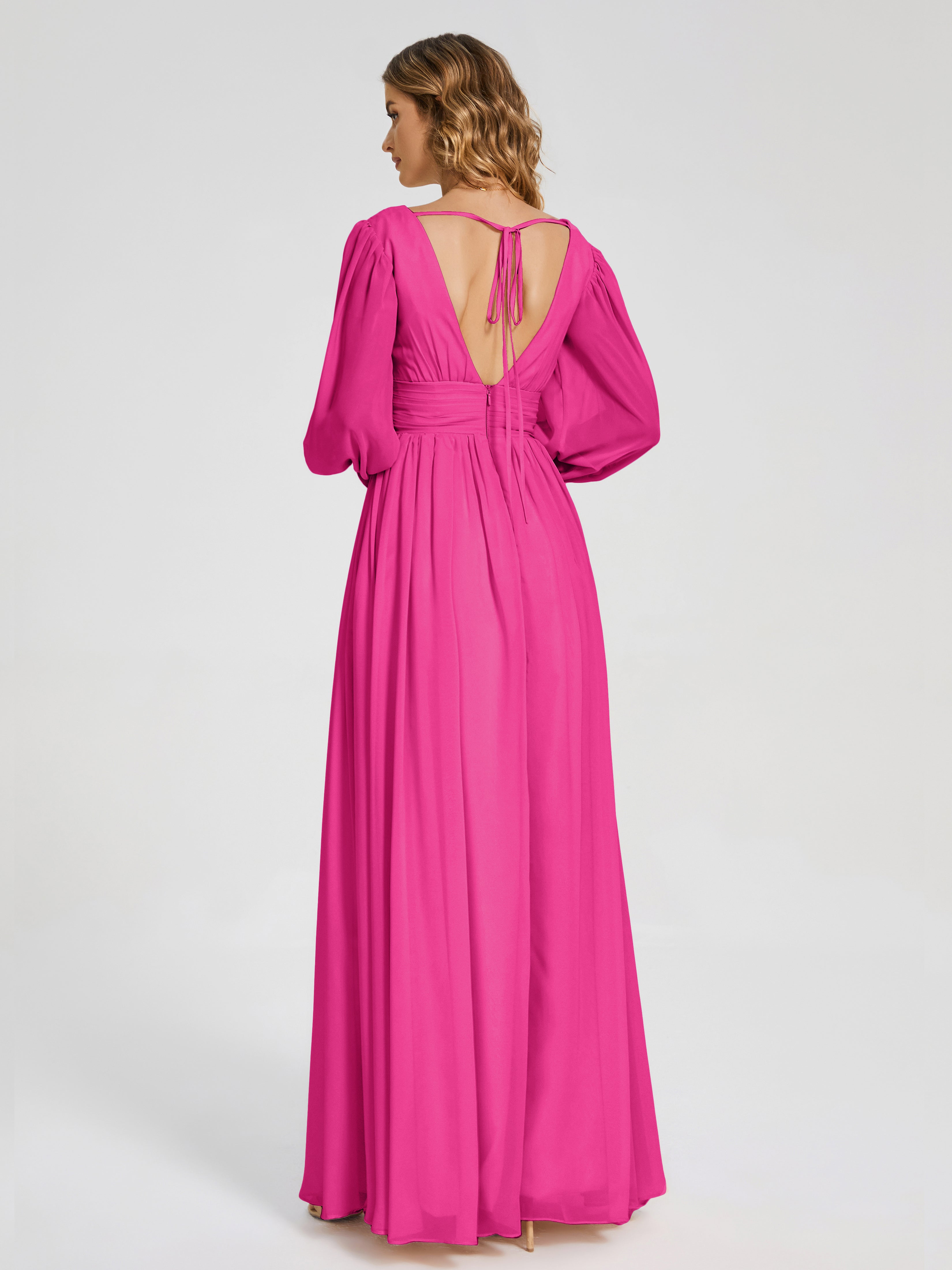 Robes De Demoiselle D'Honneur Couleur Rose Fuchsia Manches Longues Dos Nu Mousseline Robes Demoiselle D'Honneur
