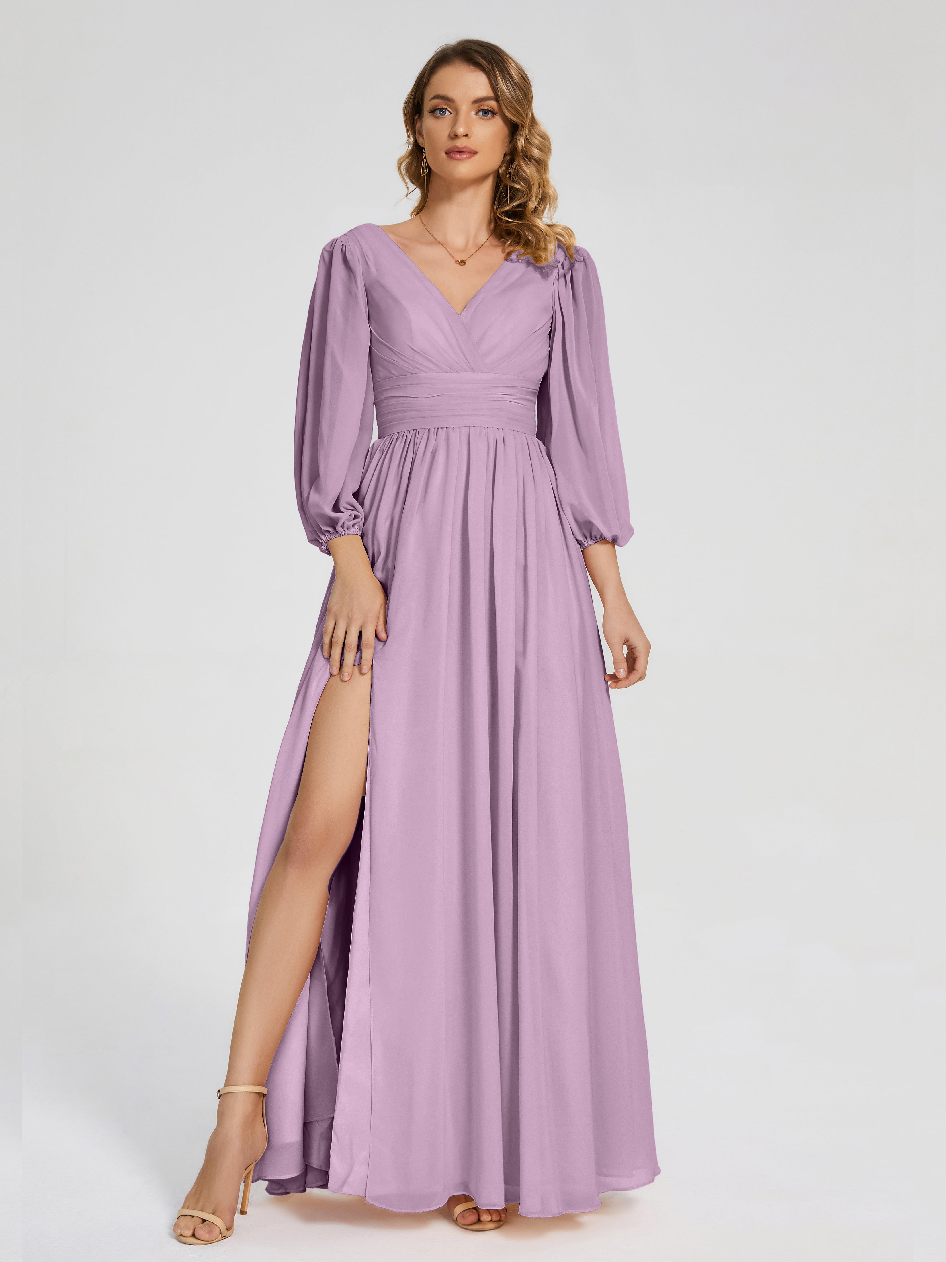 Robes De Demoiselle D'Honneur Glycine Manches Longues Dos Nu Mousseline Robes Demoiselle D'Honneur