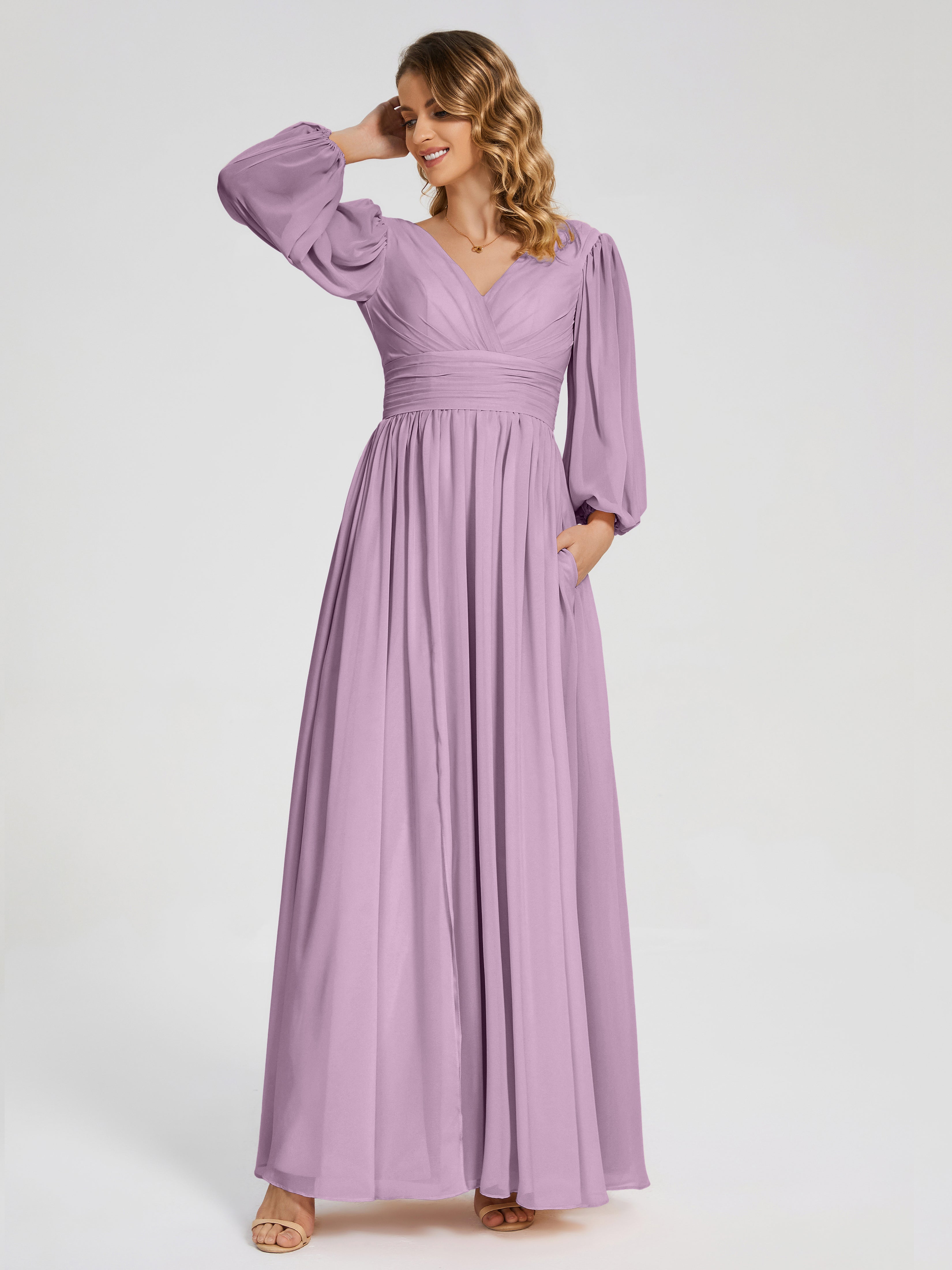 Robes De Demoiselle D'Honneur Glycine Manches Longues Dos Nu Mousseline Robes Demoiselle D'Honneur