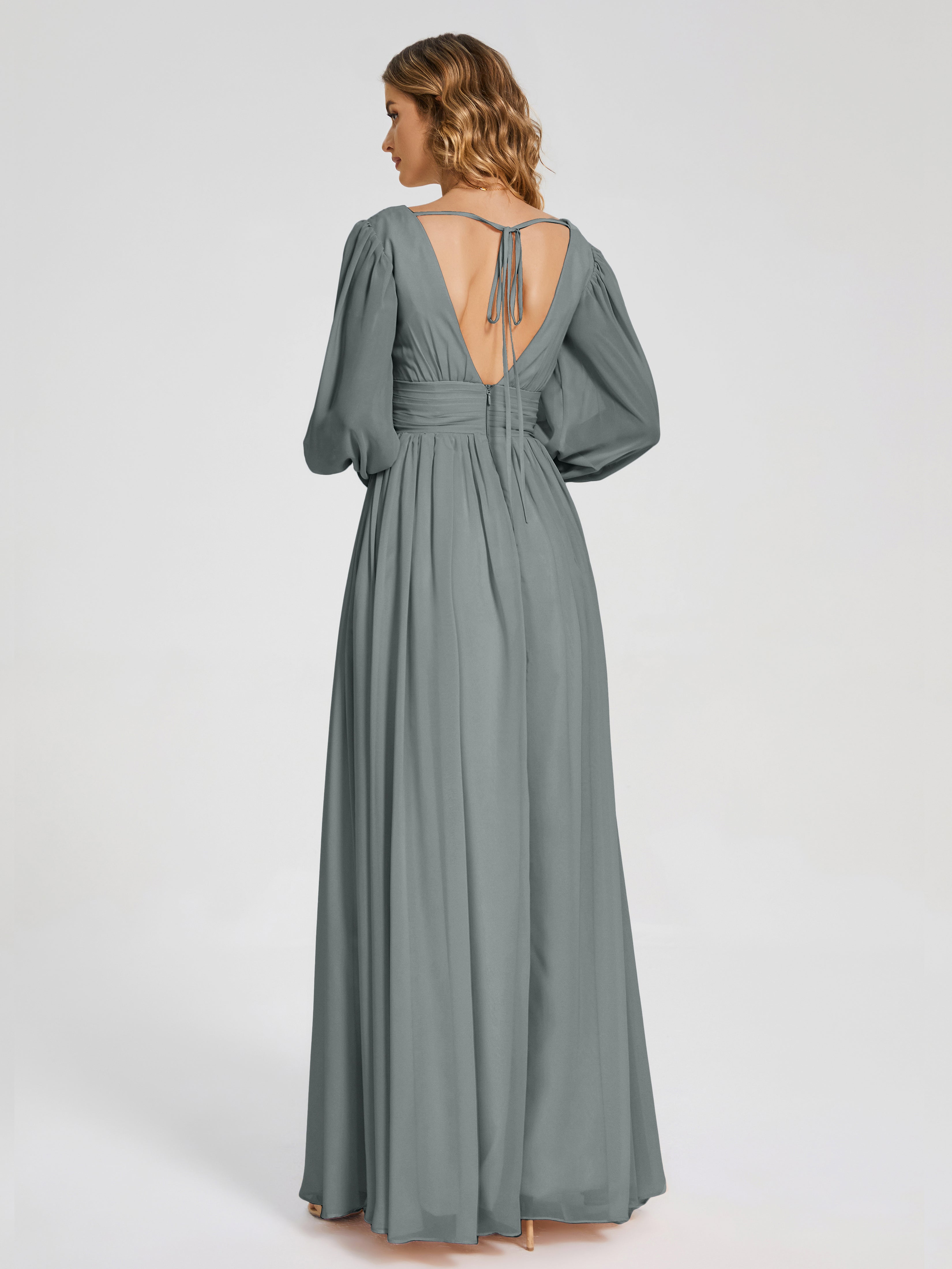 Robe Demoiselle D Honneur Grise Manches Longues Dos Nu Mousseline Robes Demoiselle D'Honneur