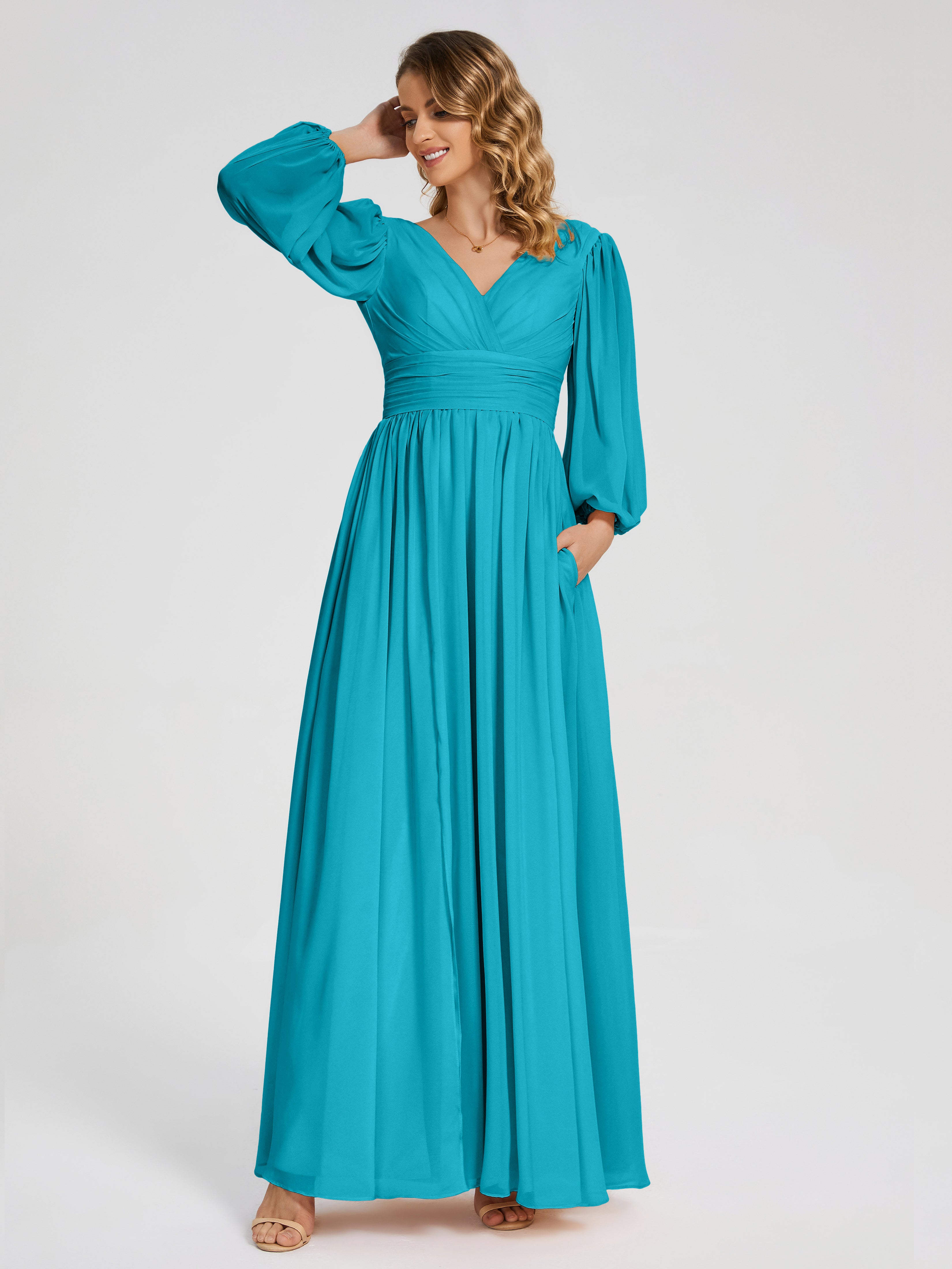 Robes De Demoiselle D'Honneur Vert Jade Manches Longues Dos Nu Mousseline Robes Demoiselle D'Honneur
