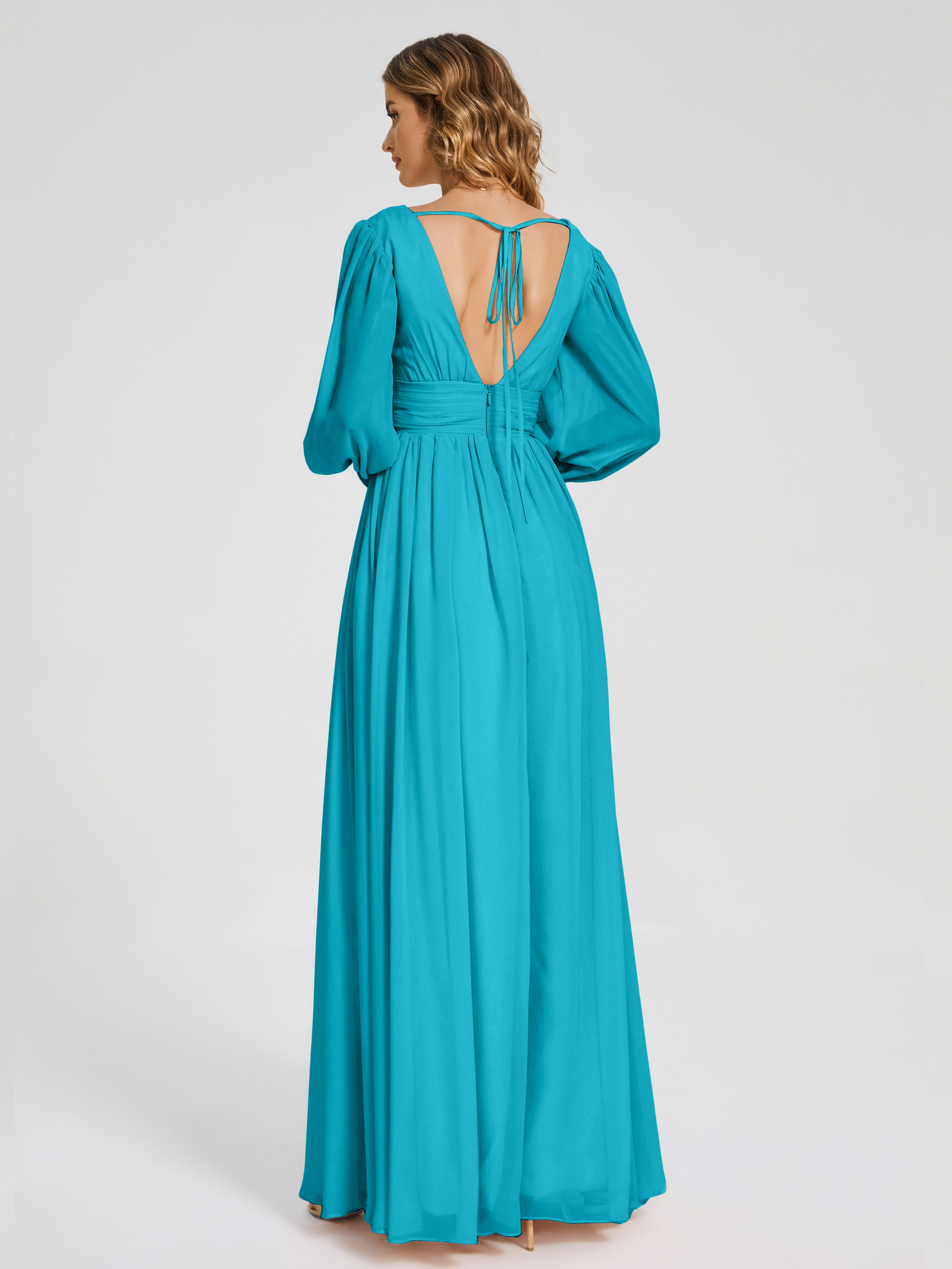 Robes De Demoiselle D'Honneur Vert Jade Manches Longues Dos Nu Mousseline Robes Demoiselle D'Honneur
