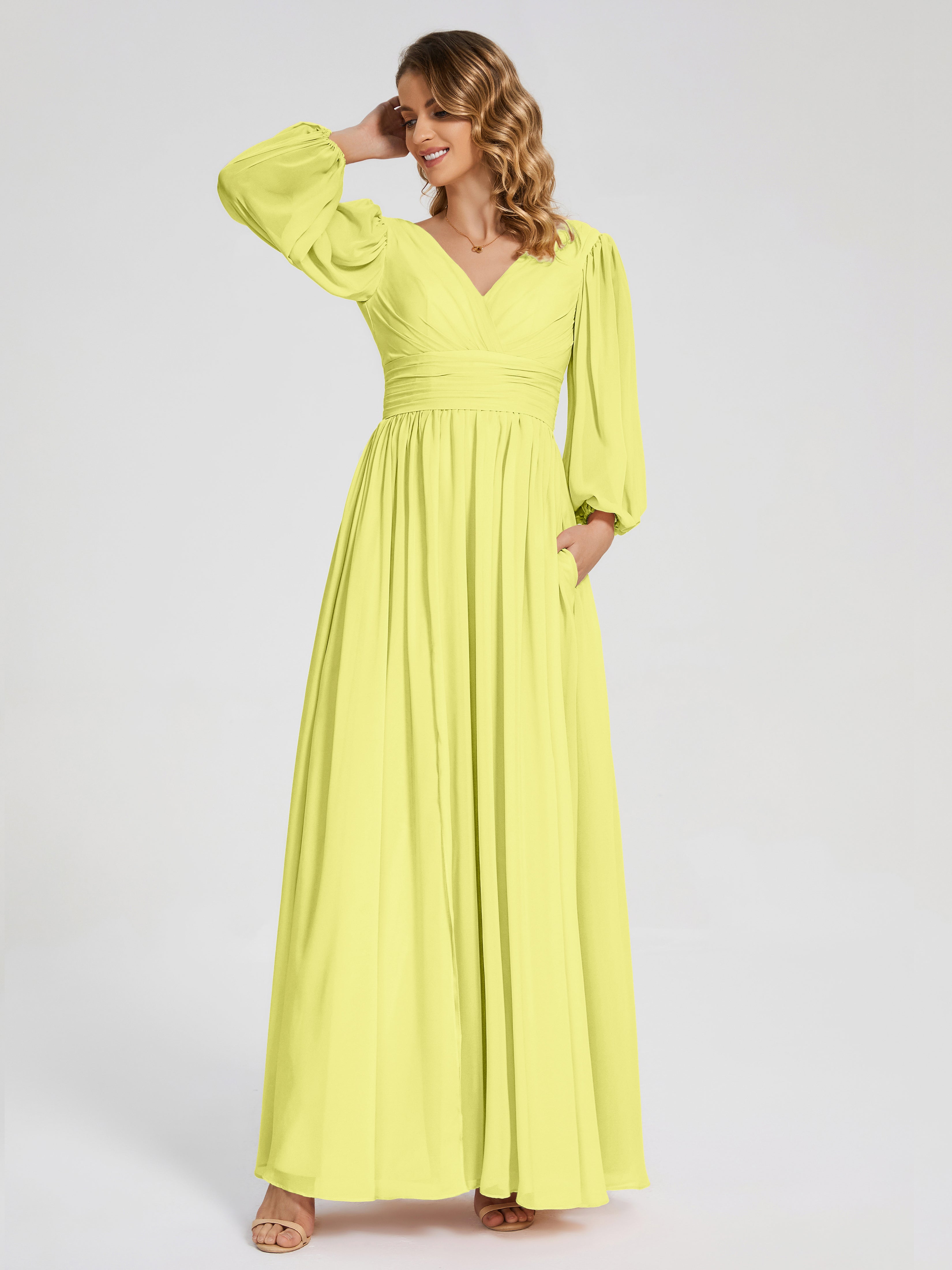 Robes De Demoiselle D'Honneur Jonquille Manches Longues Dos Nu Mousseline Robes Demoiselle D'Honneur