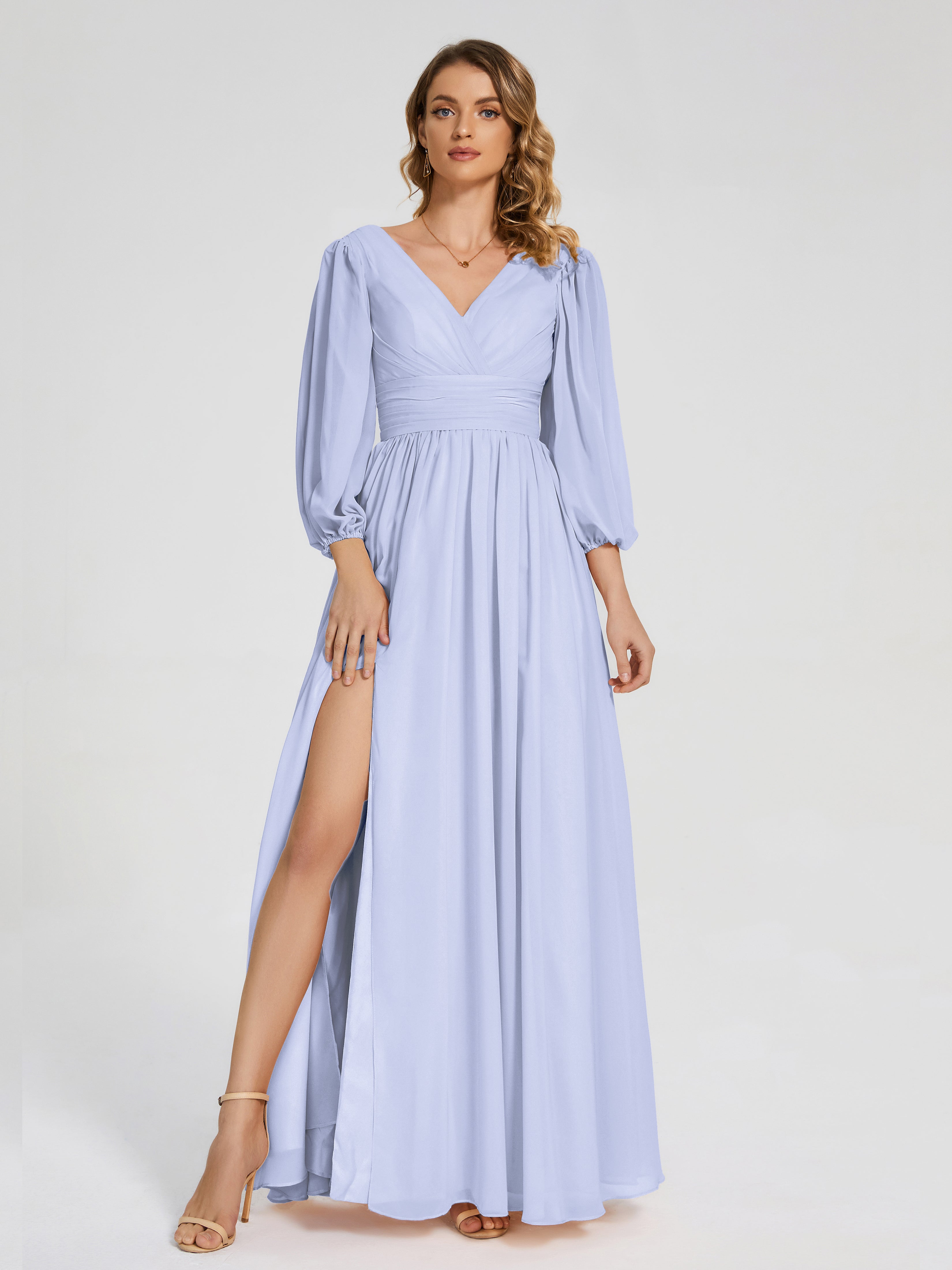 Robe De Demoiselle D'Honneur Lavande Manches Longues Dos Nu Mousseline Robes Demoiselle D'Honneur