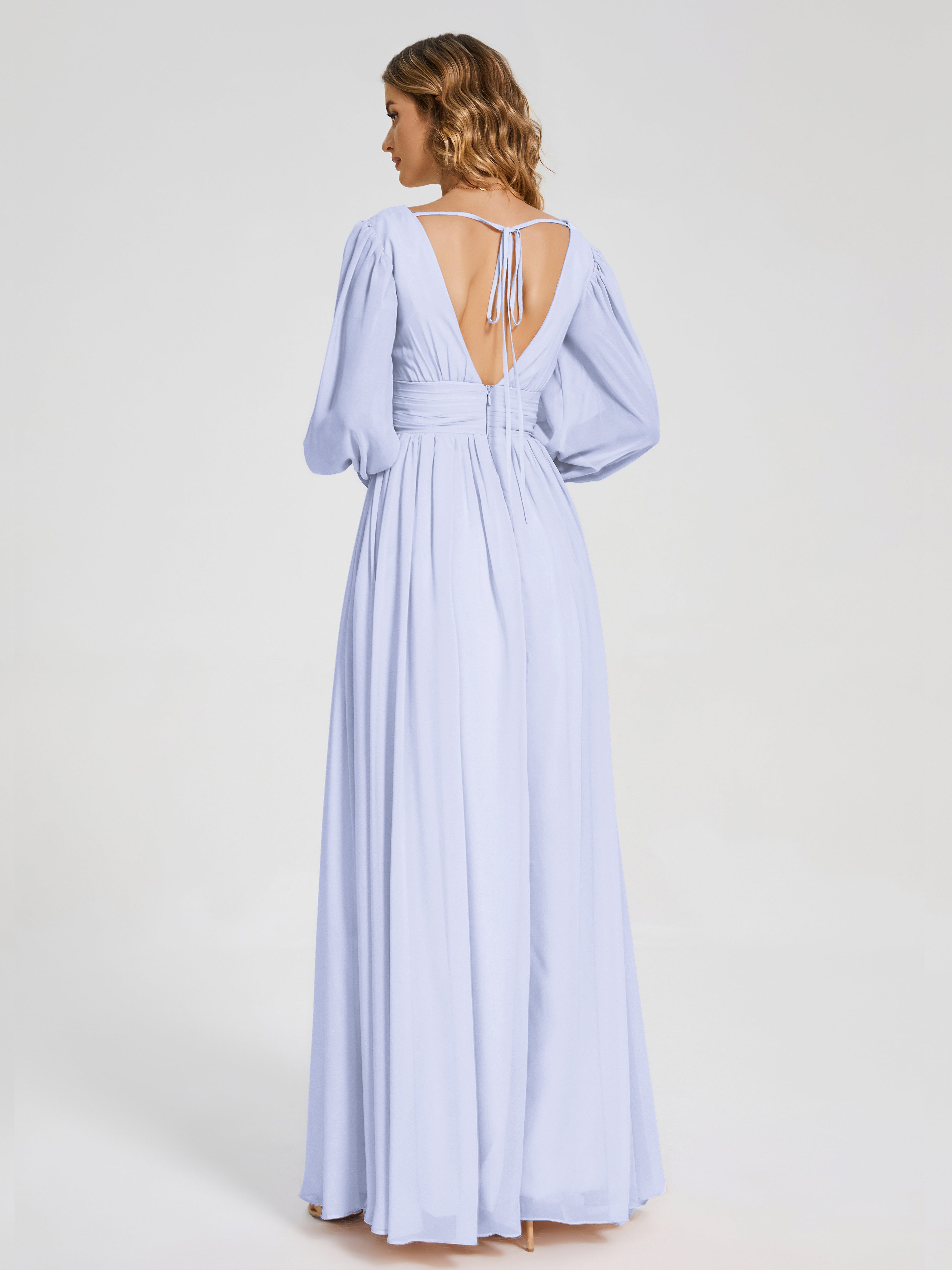 Robe De Demoiselle D'Honneur Lavande Manches Longues Dos Nu Mousseline Robes Demoiselle D'Honneur