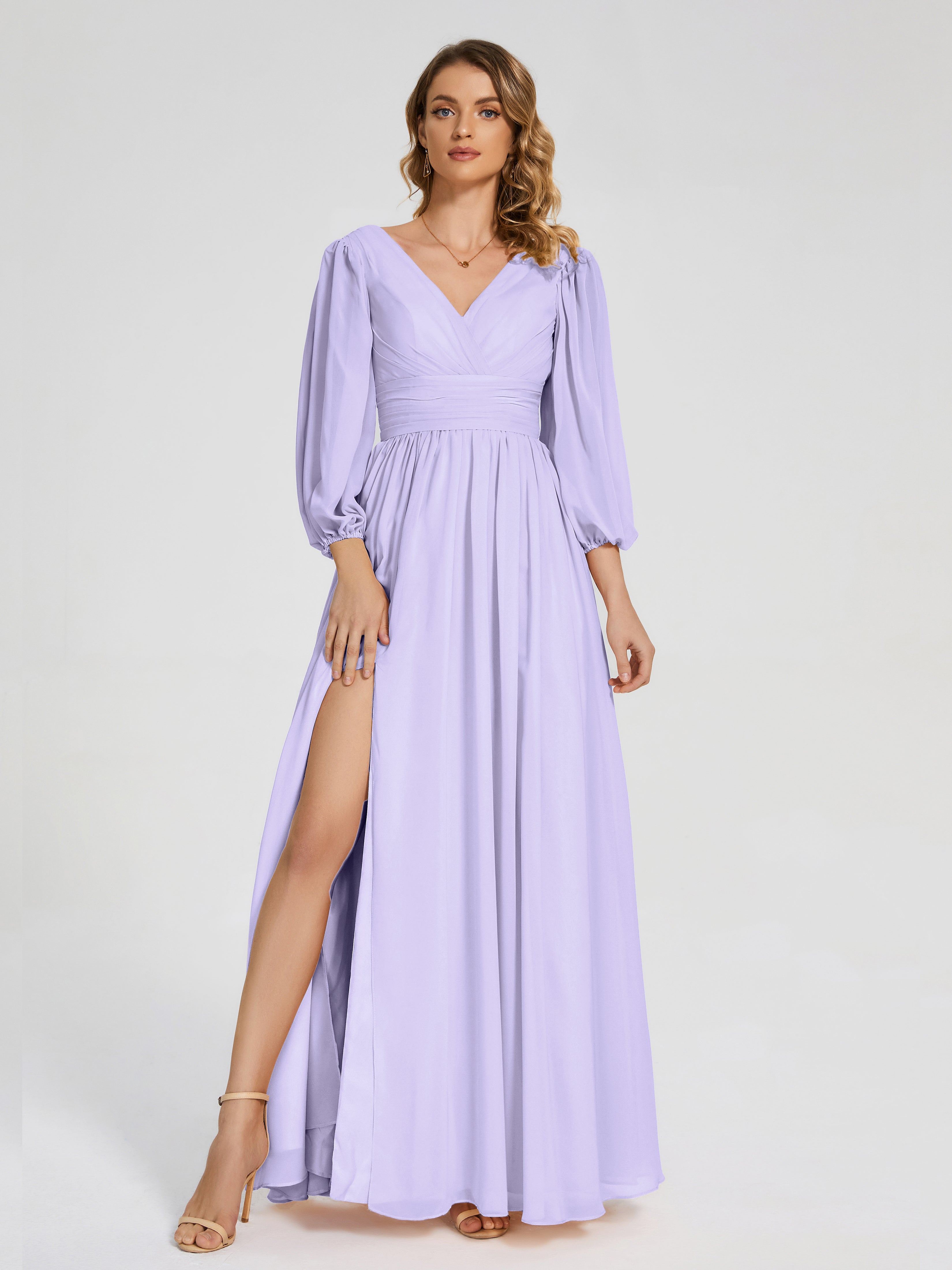 Robe Demoiselle D Honneur Lilas Manches Longues Dos Nu Mousseline Robes Demoiselle D'Honneur