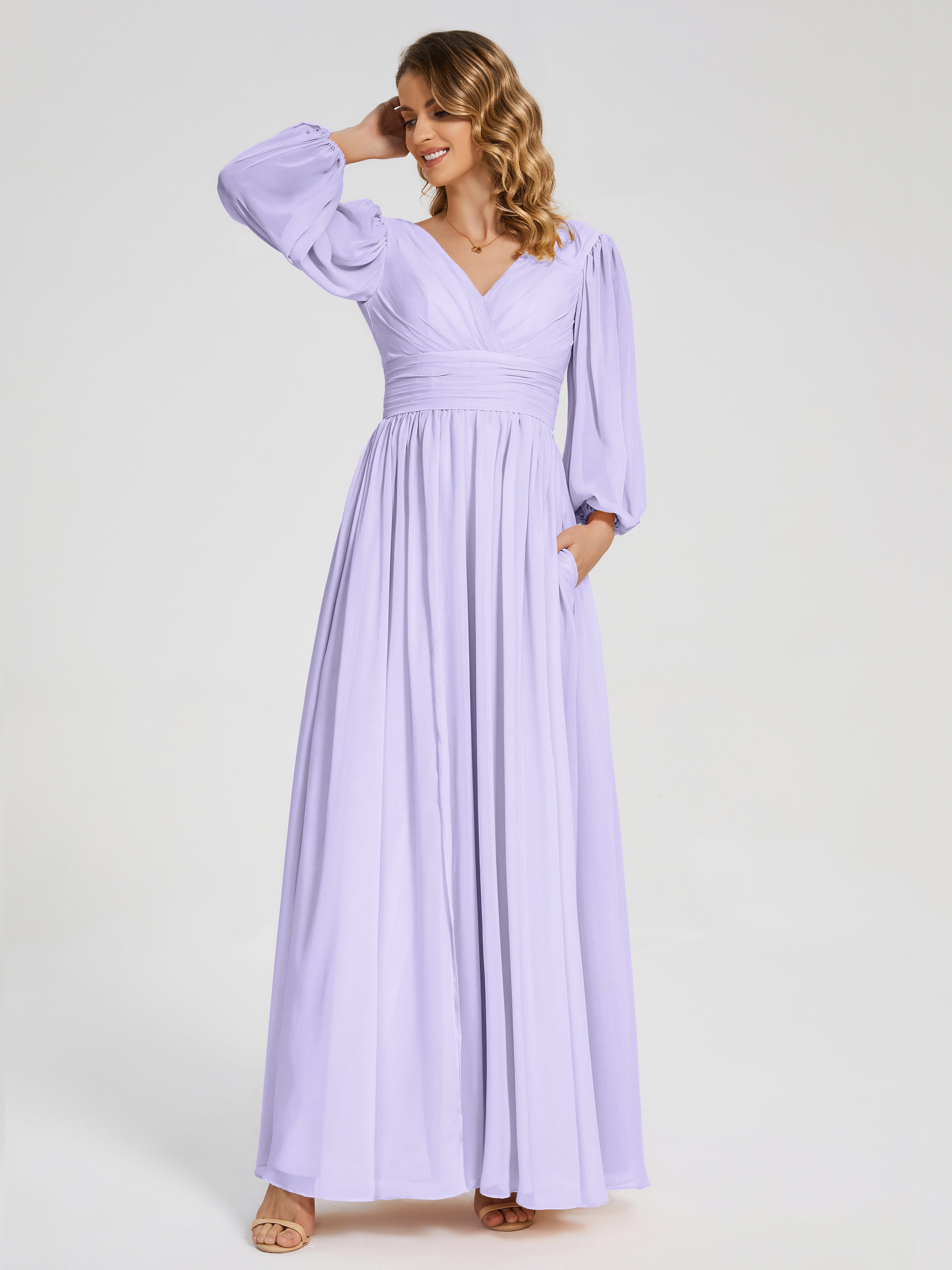 Robe Demoiselle D Honneur Lilas Manches Longues Dos Nu Mousseline Robes Demoiselle D'Honneur