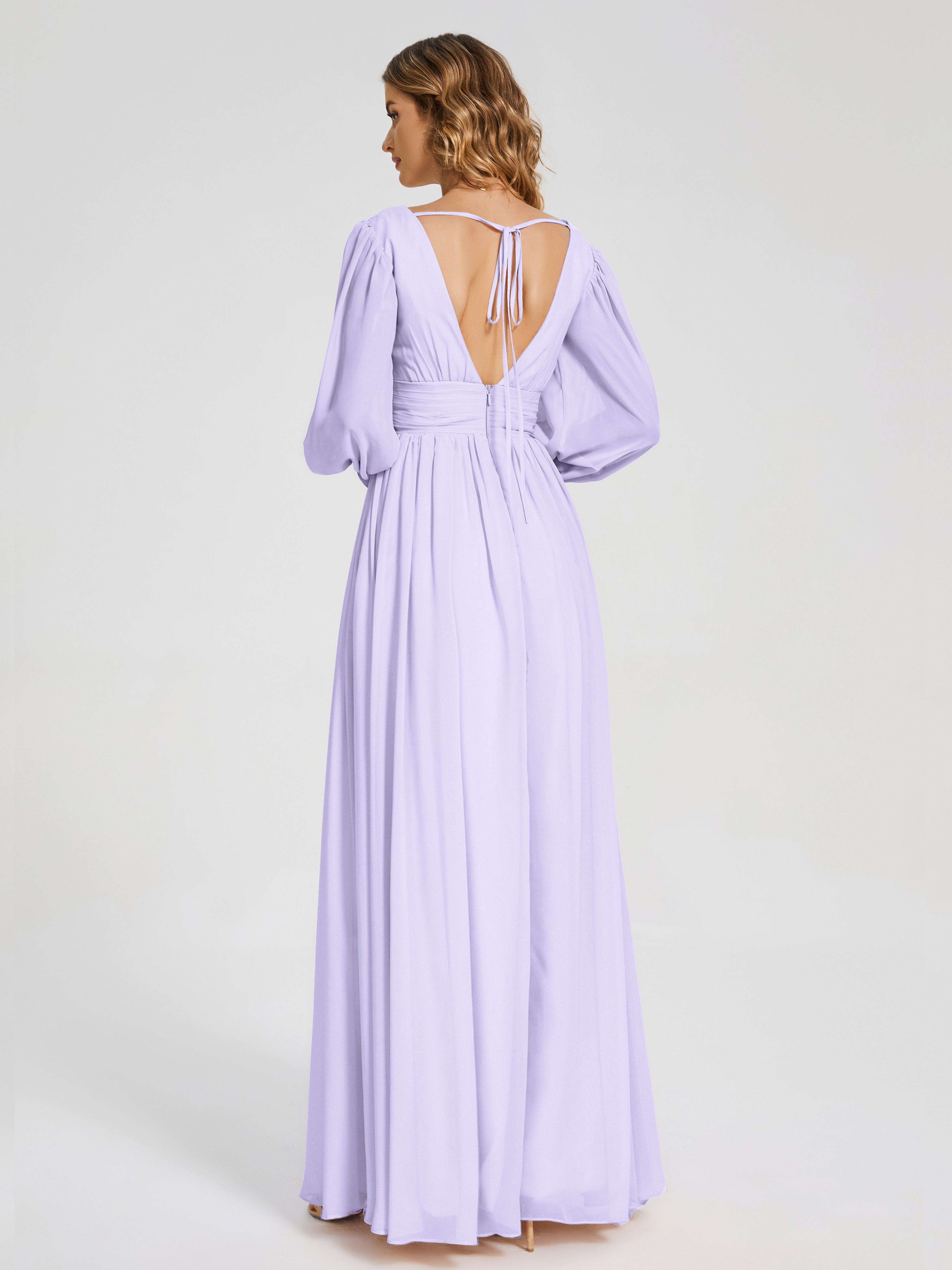 Robe Demoiselle D Honneur Lilas Manches Longues Dos Nu Mousseline Robes Demoiselle D'Honneur
