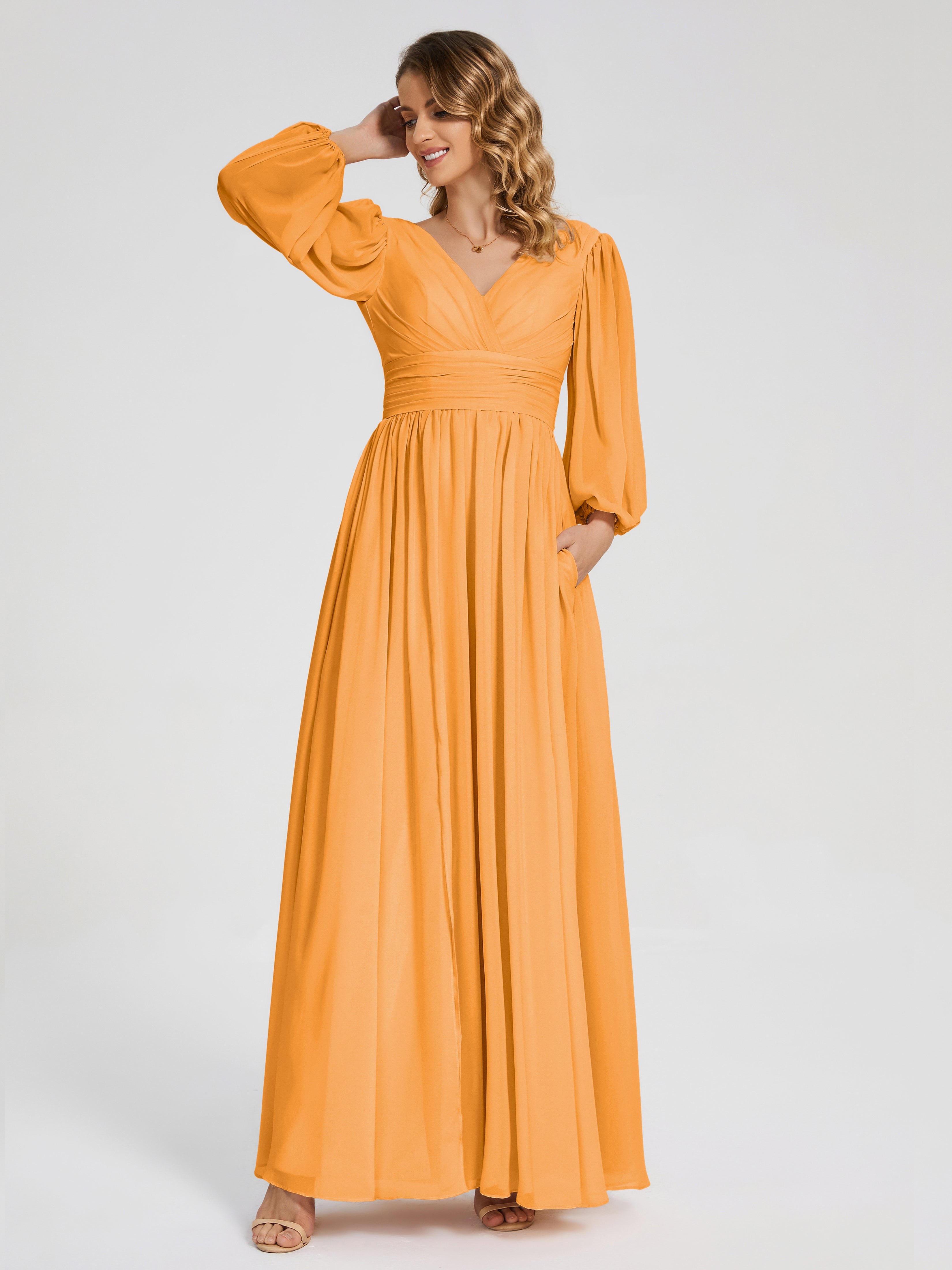Robes De Demoiselle D'Honneur Mandarine Manches Longues Dos Nu Mousseline Robes Demoiselle D'Honneur