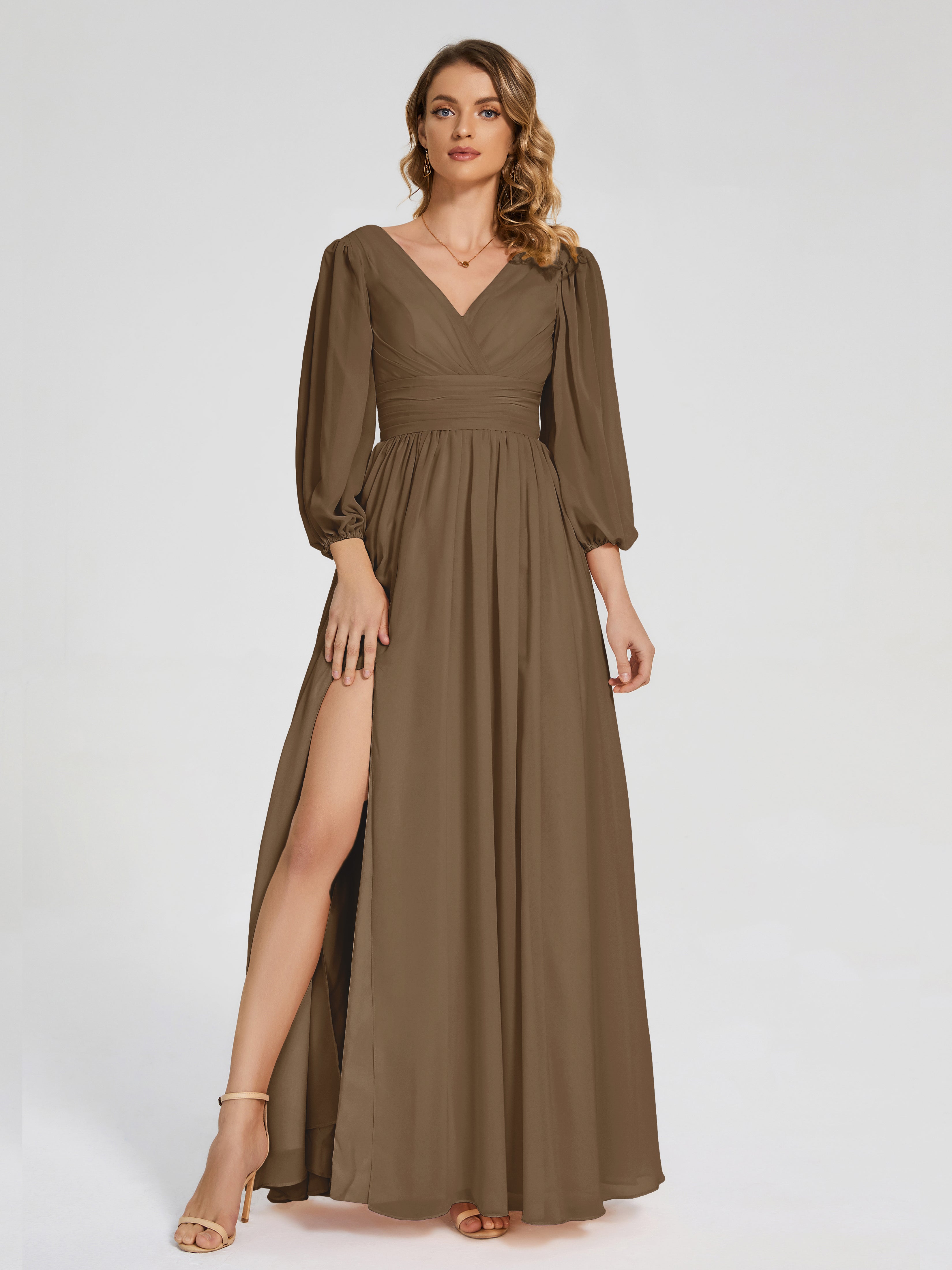 Robe De Demoiselle D'Honneur Moka Manches Longues Dos Nu Mousseline Robes Demoiselle D'Honneur