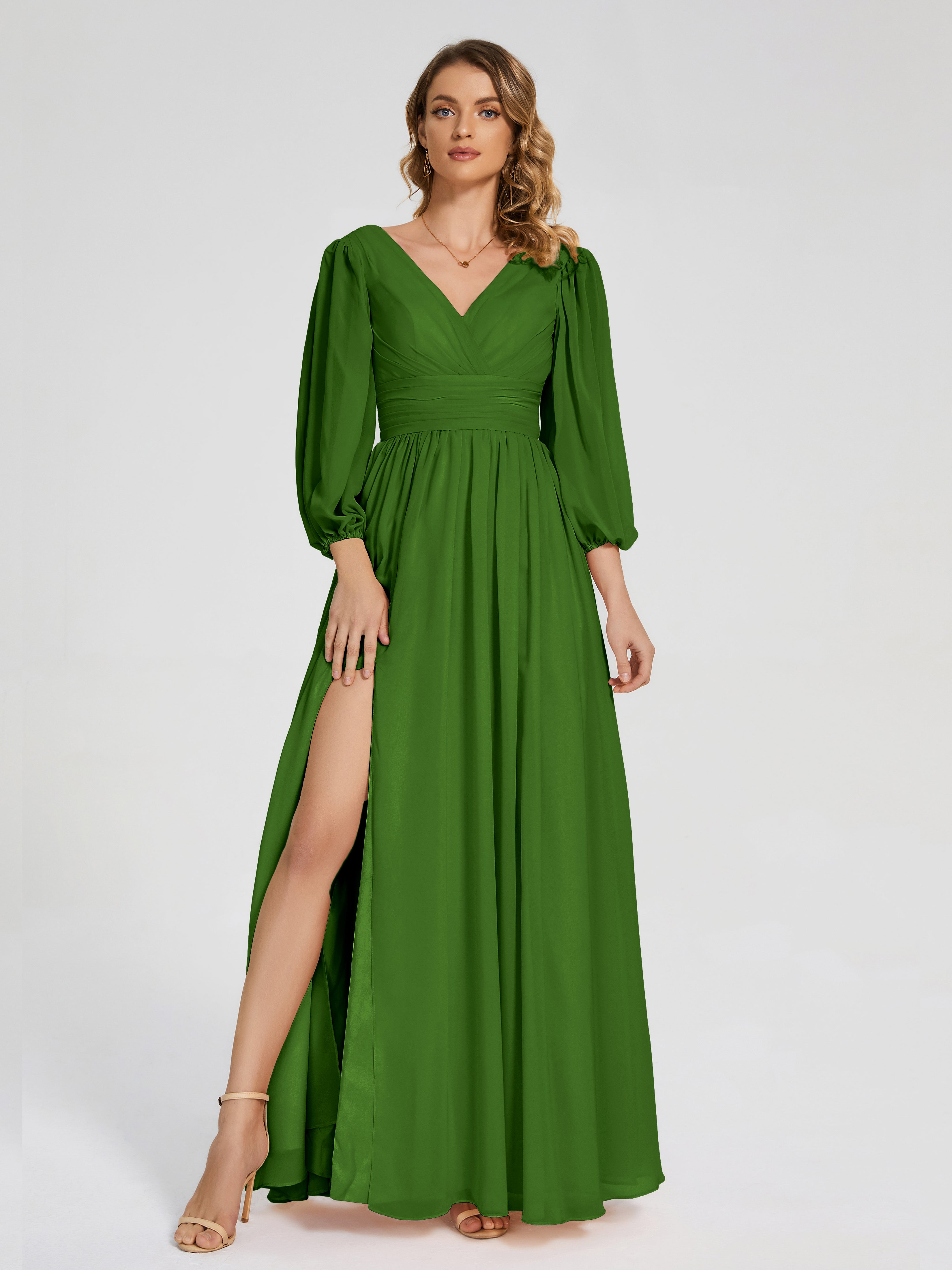 Robes De Demoiselle D'Honneur Vert Mousse Manches Longues Dos Nu Mousseline Robes Demoiselle D'Honneur