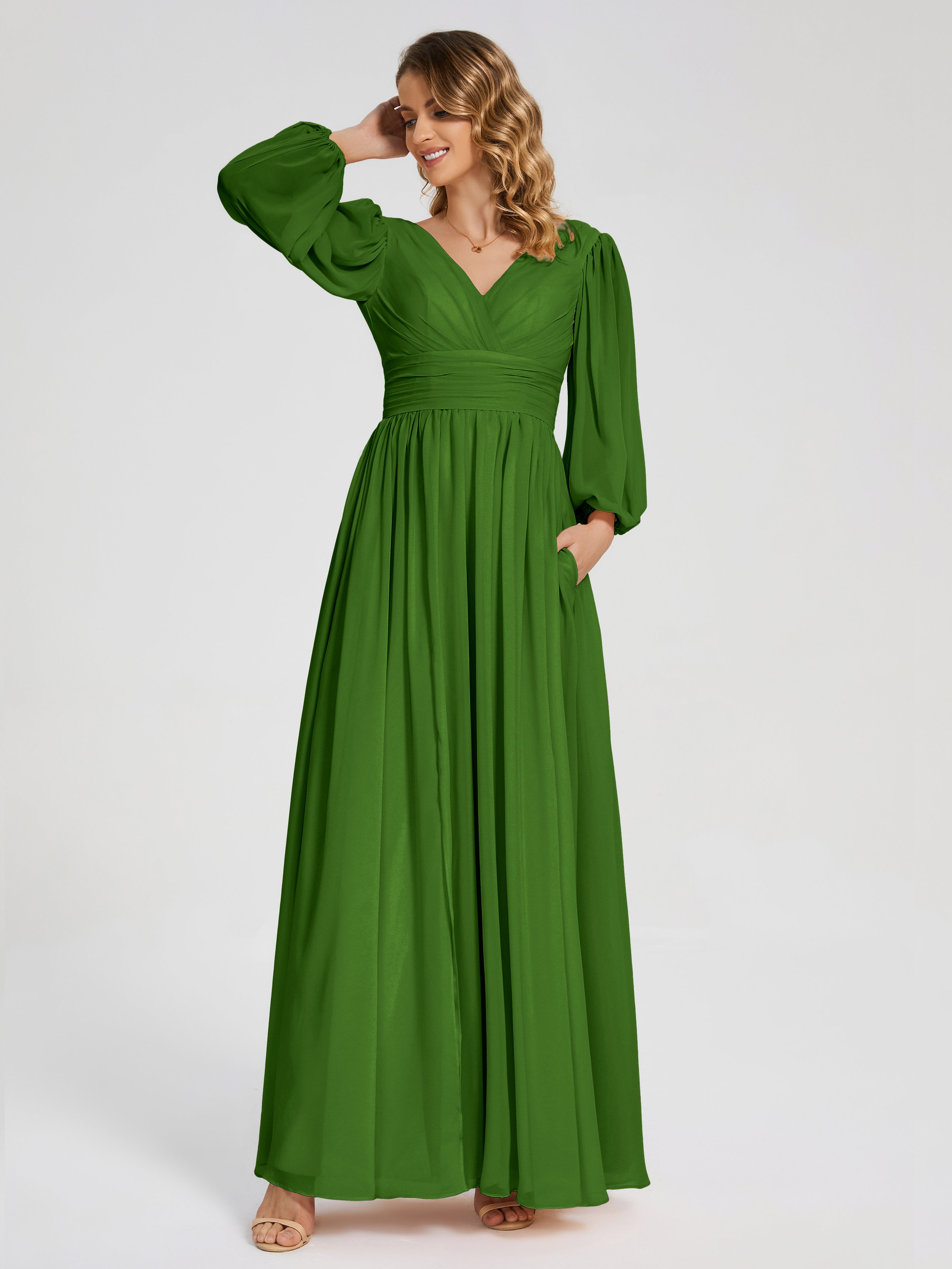 Robes De Demoiselle D'Honneur Vert Mousse Manches Longues Dos Nu Mousseline Robes Demoiselle D'Honneur