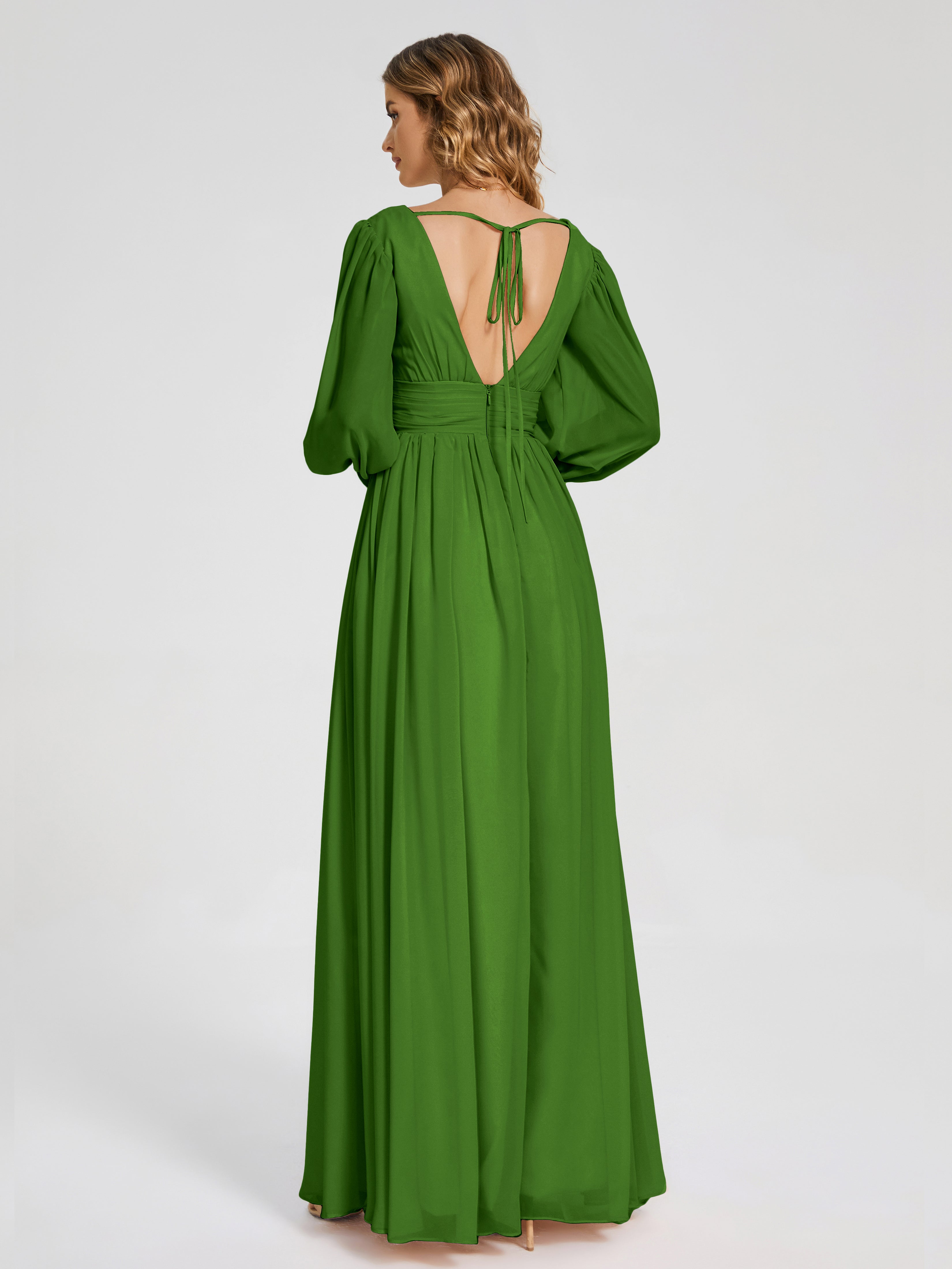 Robes De Demoiselle D'Honneur Vert Mousse Manches Longues Dos Nu Mousseline Robes Demoiselle D'Honneur