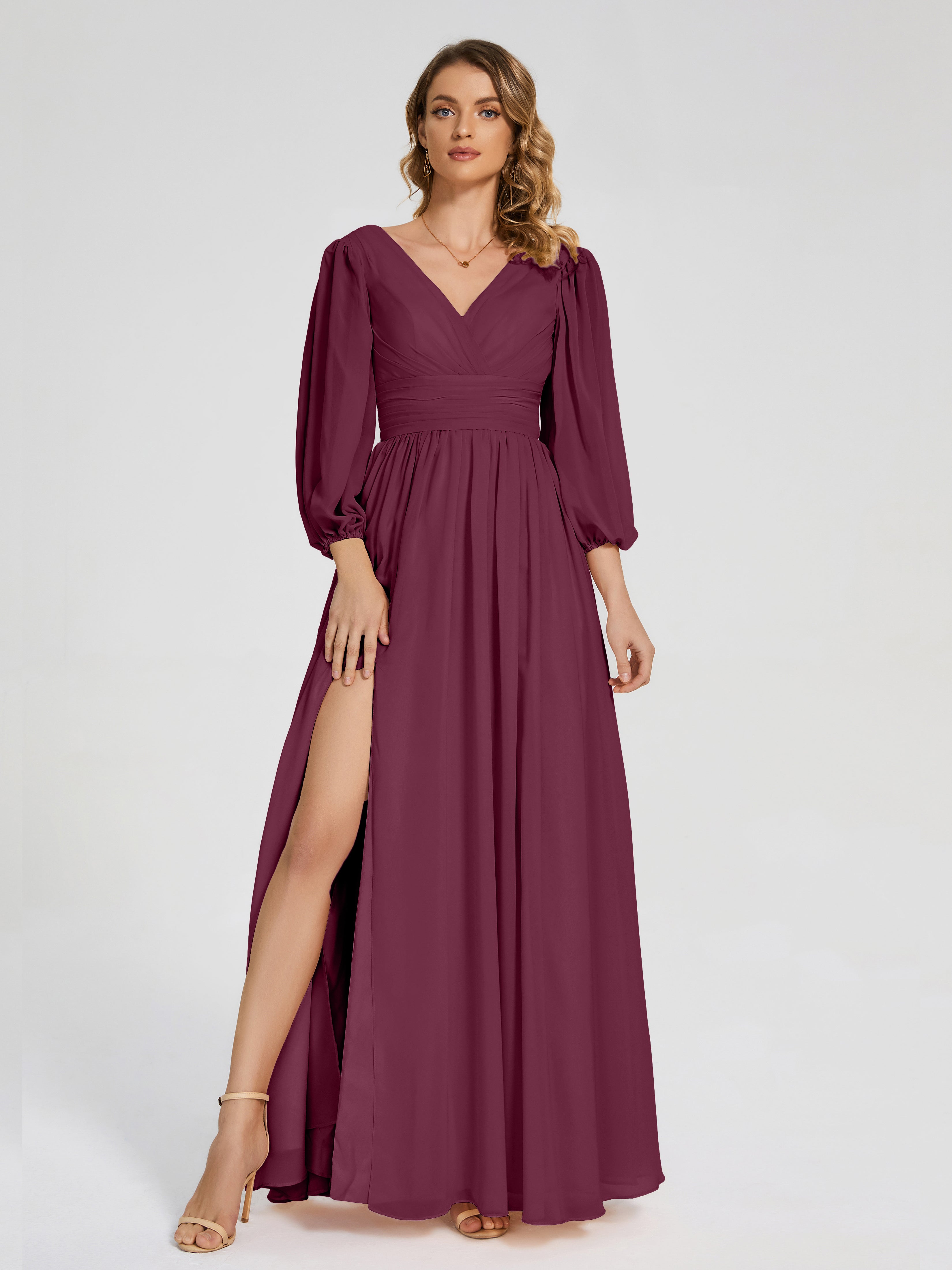 Robes De Demoiselle D'Honneur Mûre Manches Longues Dos Nu Mousseline Robes Demoiselle D'Honneur