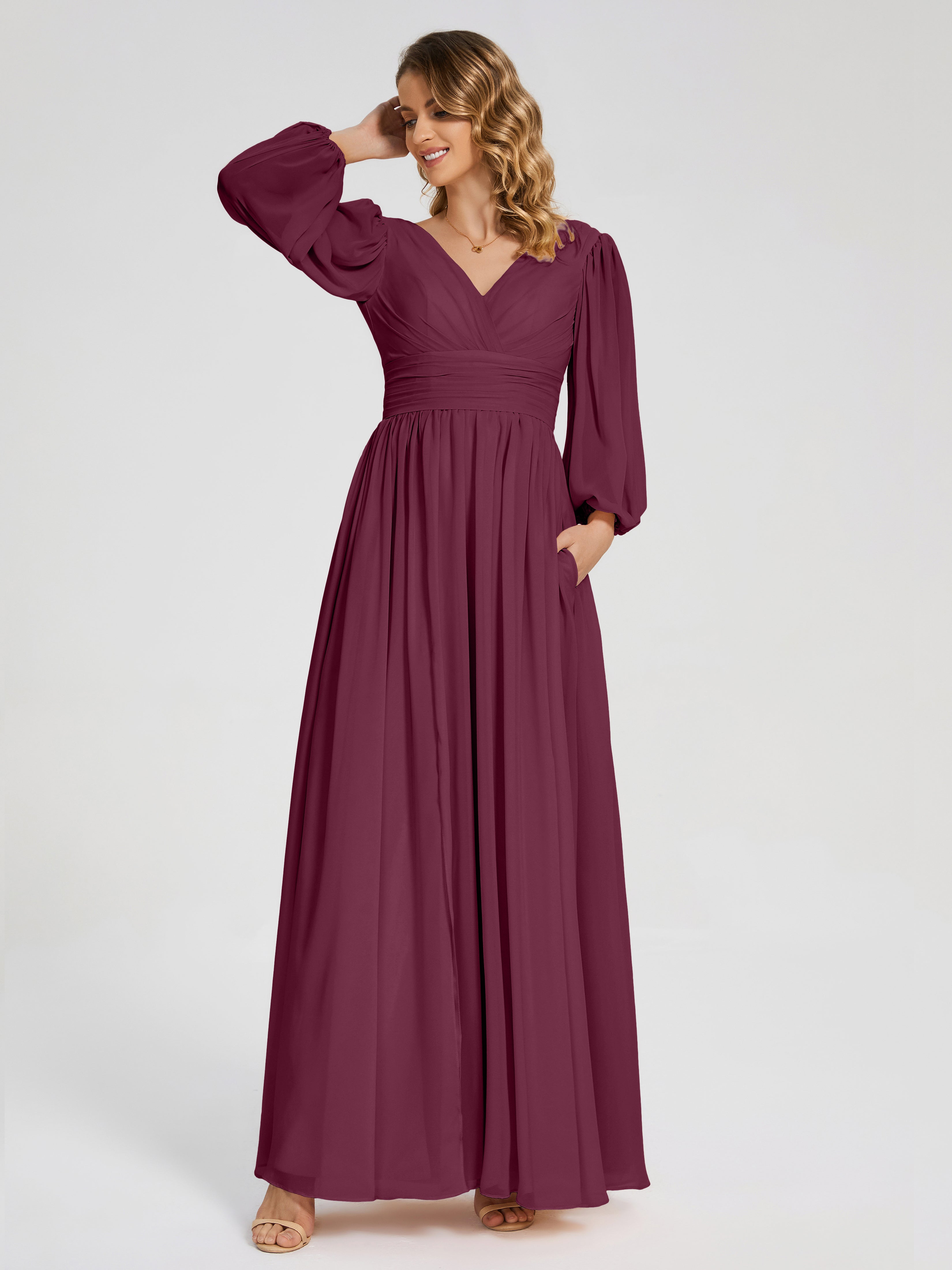 Robes De Demoiselle D'Honneur Mûre Manches Longues Dos Nu Mousseline Robes Demoiselle D'Honneur