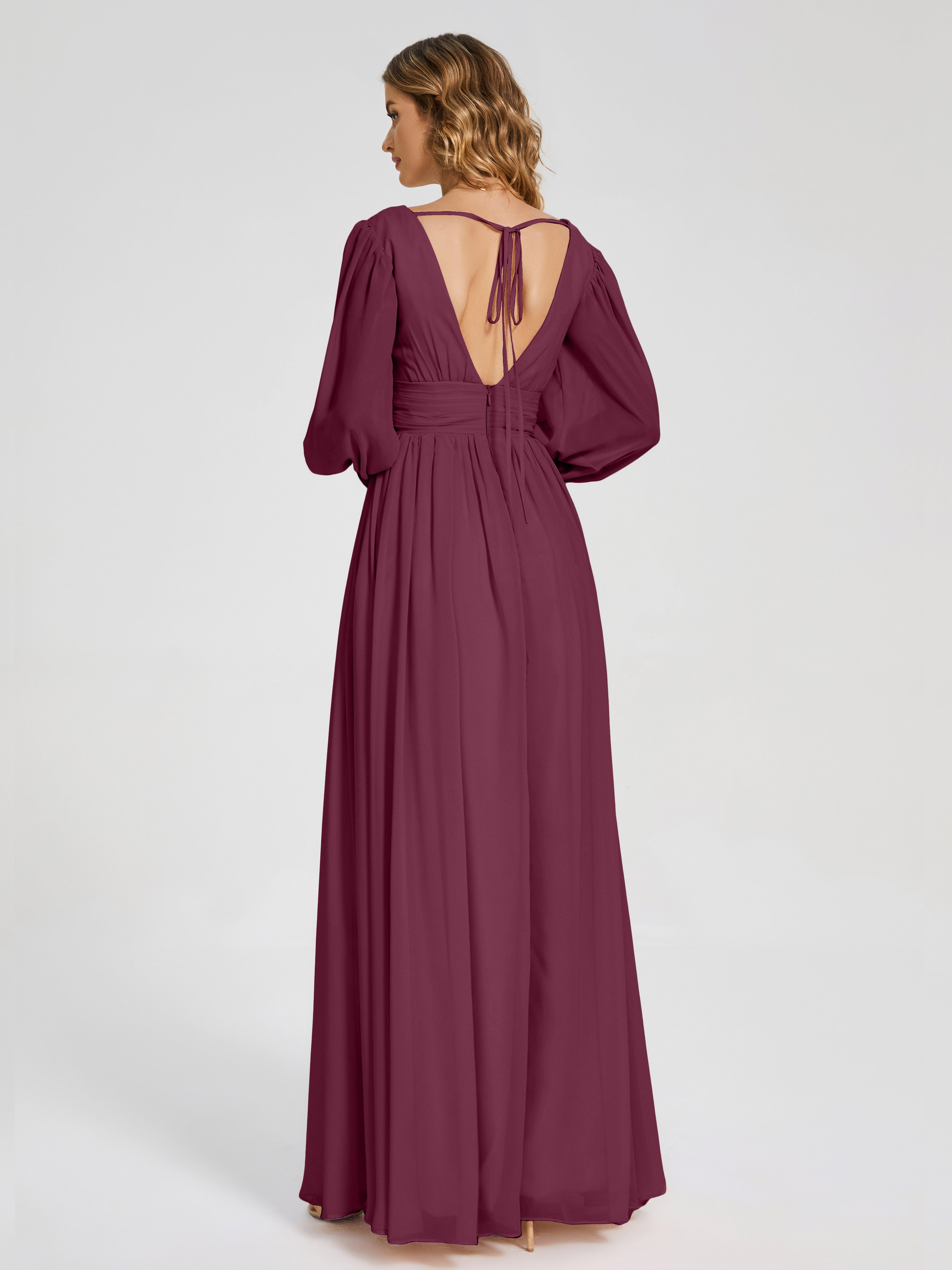 Robes De Demoiselle D'Honneur Mûre Manches Longues Dos Nu Mousseline Robes Demoiselle D'Honneur