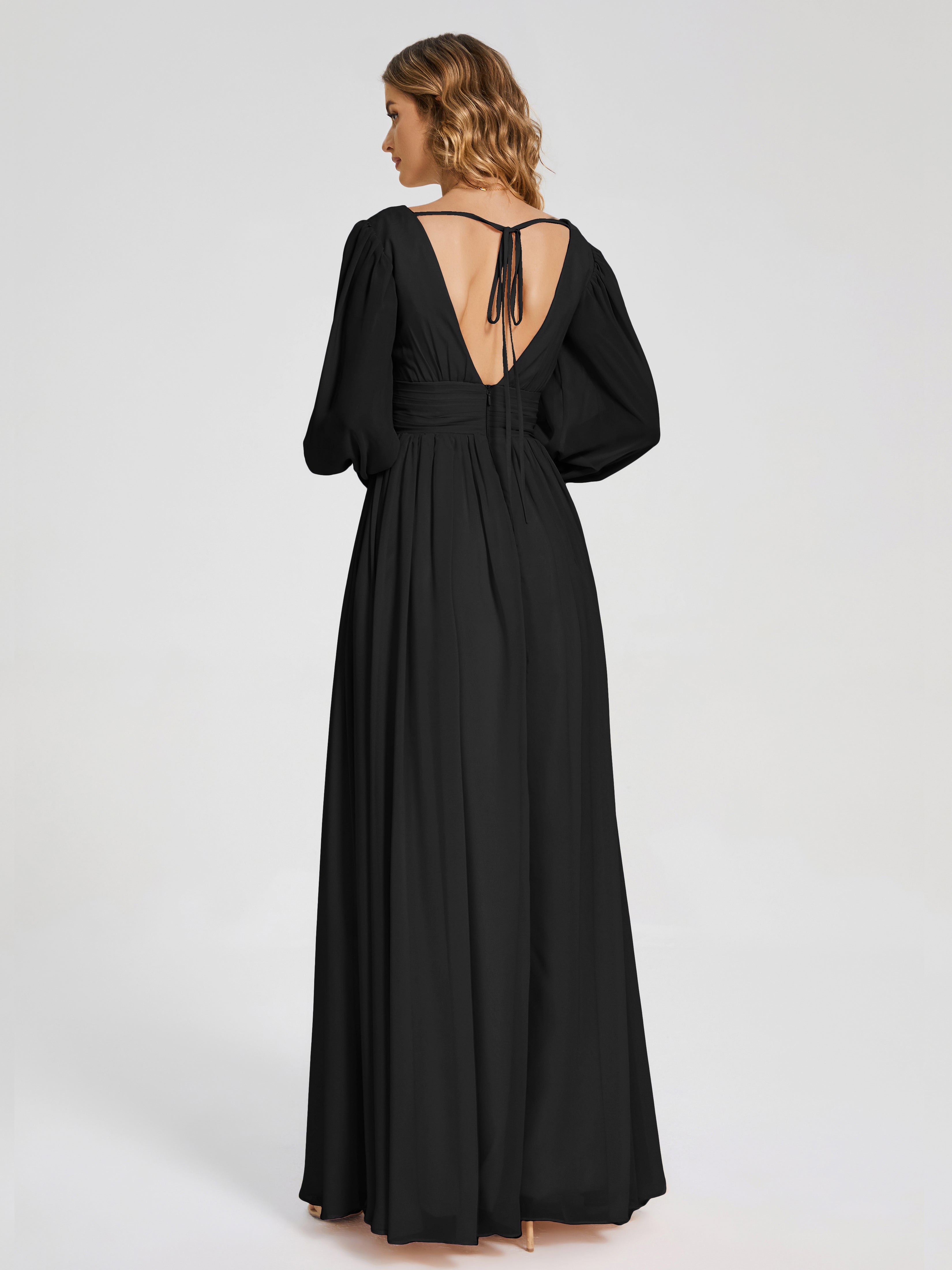 Robes De Demoiselle D'Honneur Noires Manches Longues Dos Nu Mousseline Robes Demoiselle D'Honneur