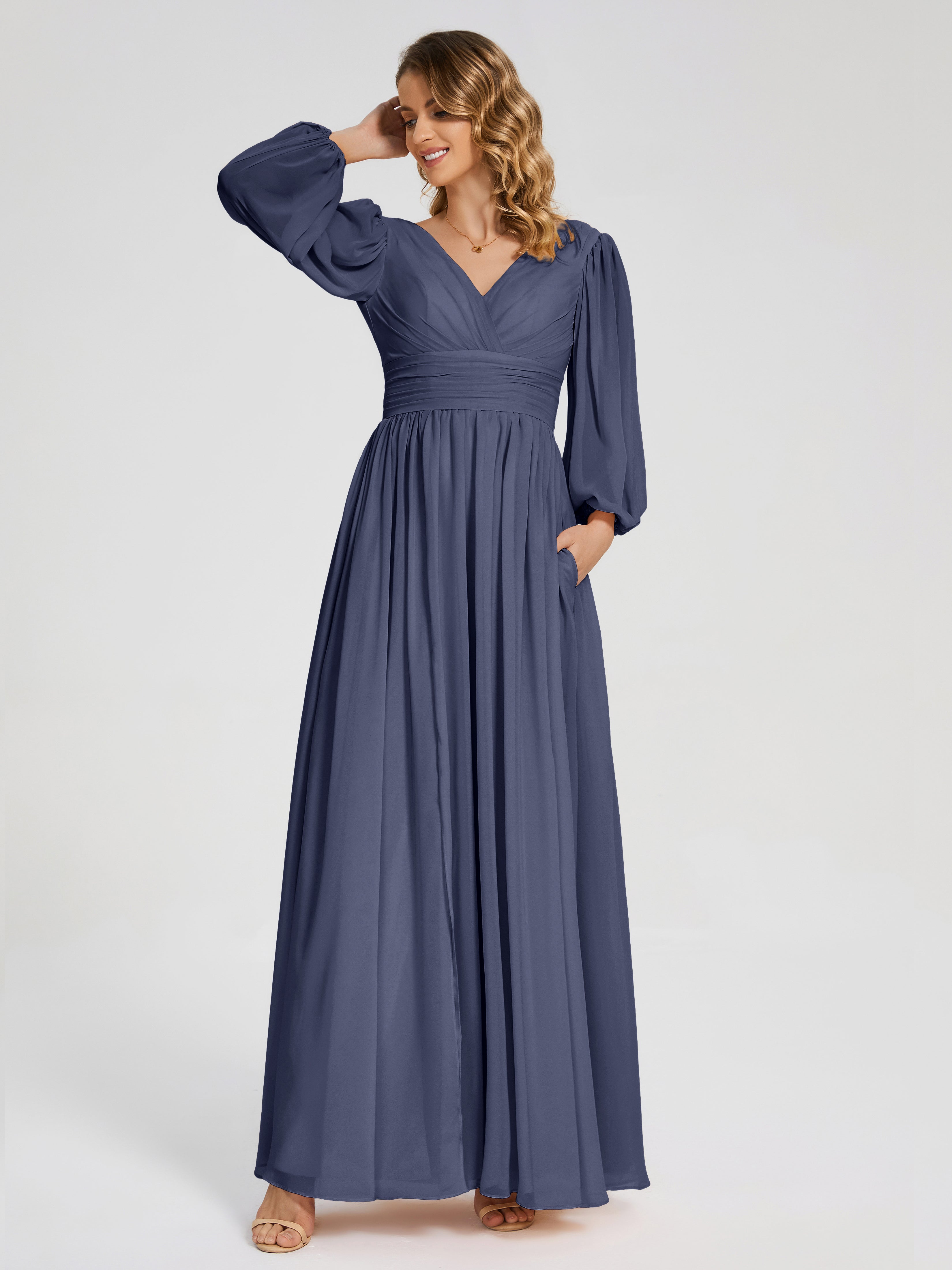 Robes De Demoiselle D'Honneur Bleu Orageux Manches Longues Dos Nu Mousseline Robes Demoiselle D'Honneur